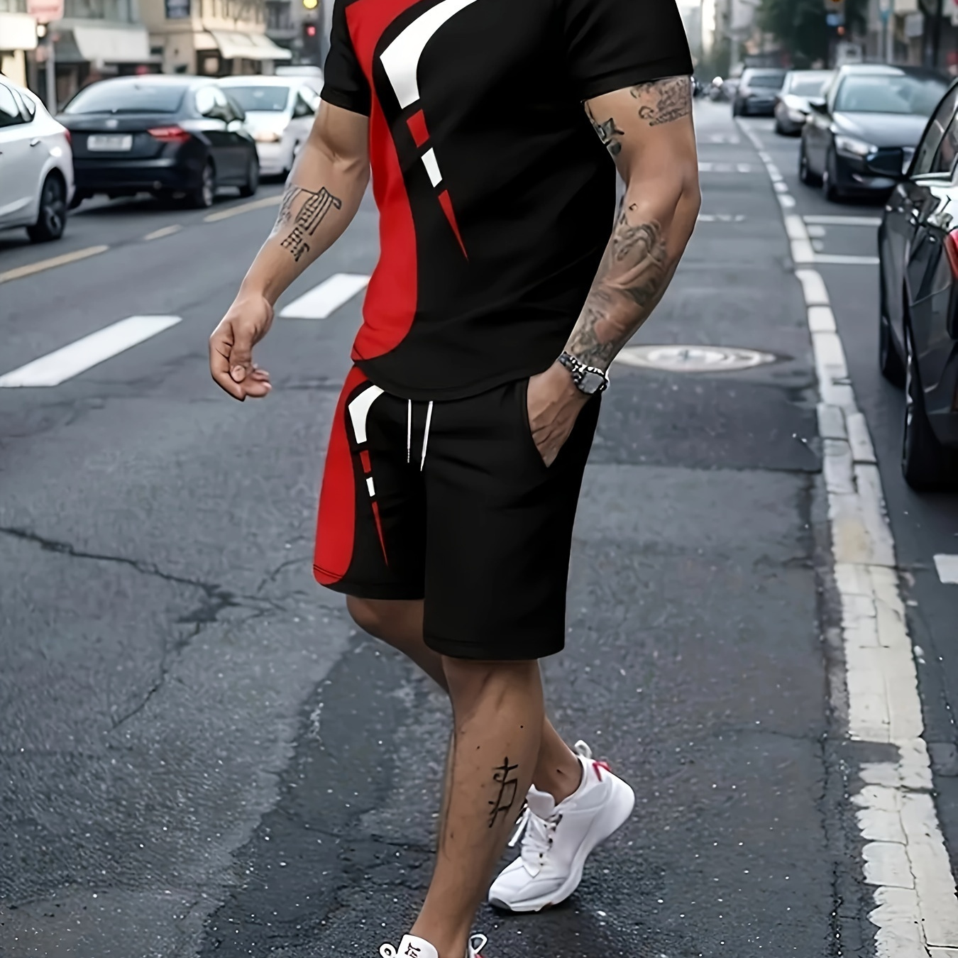 

Plus Size 2-piece Men's Fashion Pattern Short Sleeved Round Neck T-shirt And Drawstring Shorts Set, Casual Street Comfortable And Breathable, Black And Red Oversized Men's Clothing