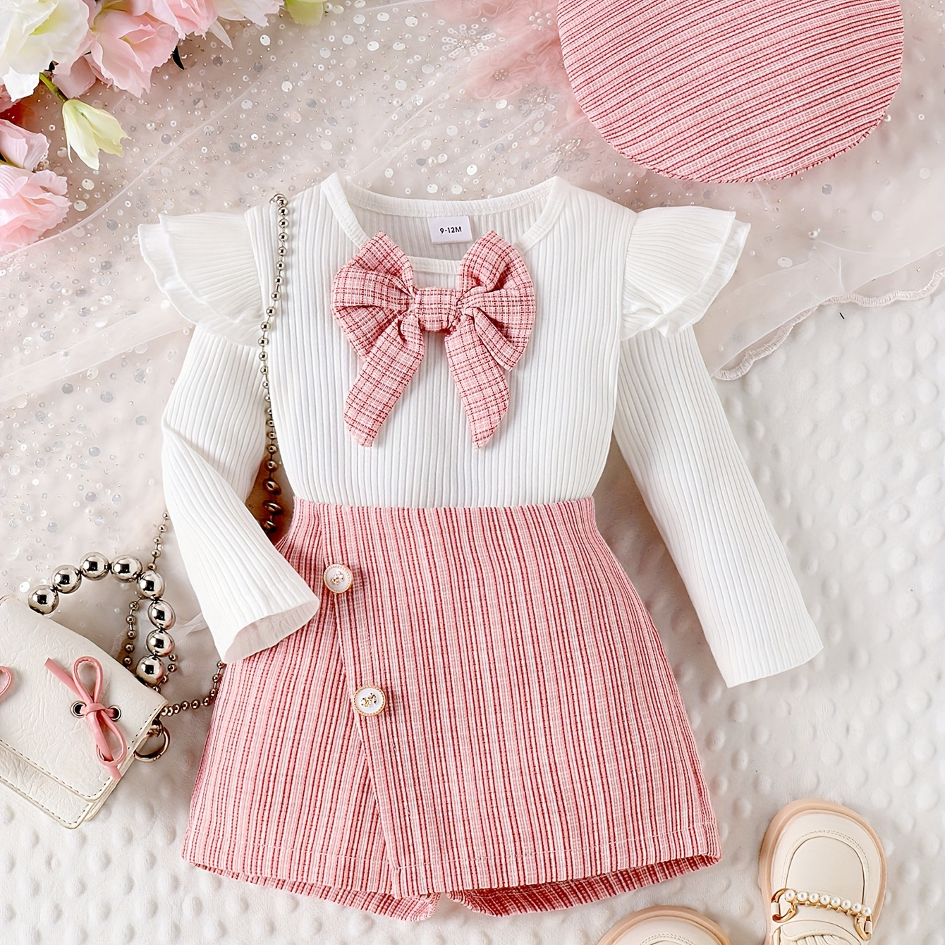 

2pcs Baby's Bowknot Decor Long Sleeve Top + Hat + Elegant Tweed Skorts, Toddler & Infant Girl's Clothing Set