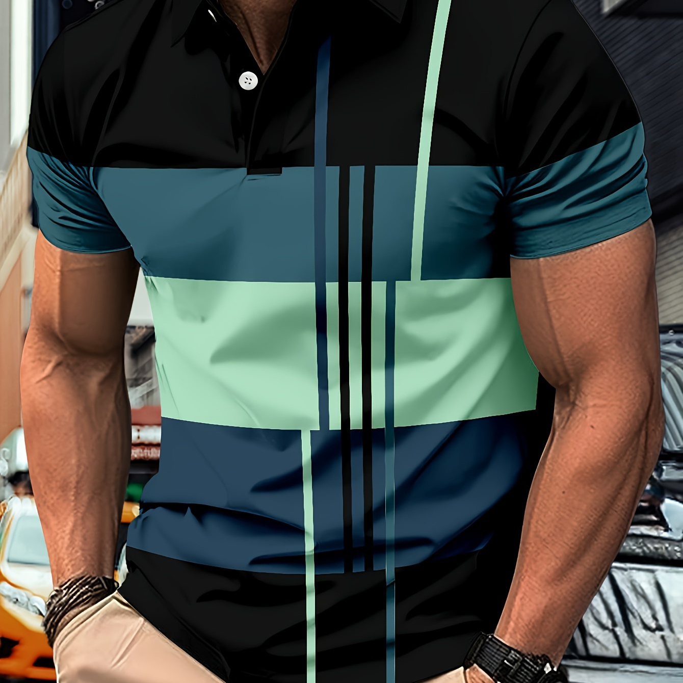 

T-shirt de golf à manches courtes pour homme avec motif color block imprimé pour l'été