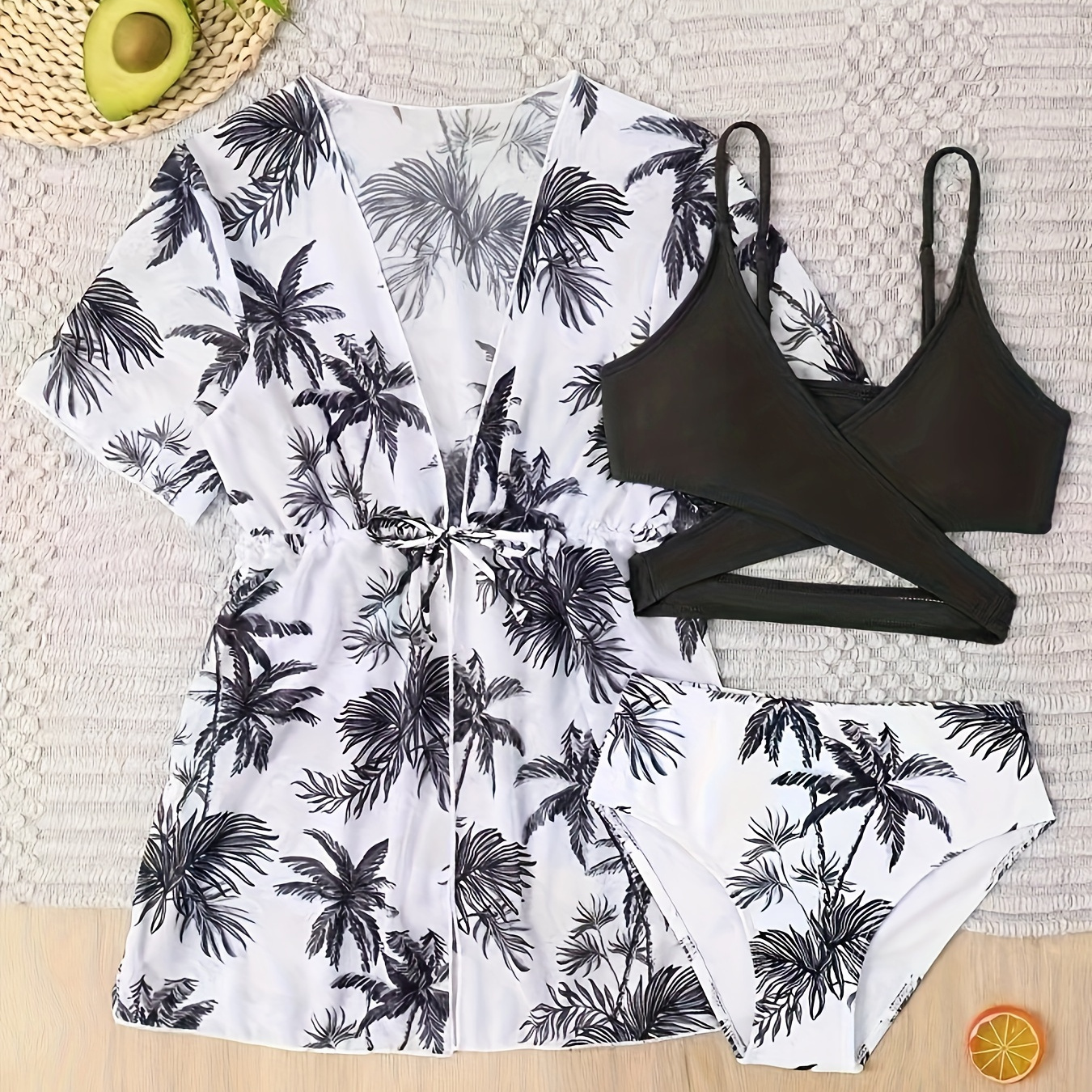 

Coconut Trees Prit 3 Piece Set Bikini, V Neck High Cut With Cover Up Shirt Swimsuits, Women's Swimwear & Clothing