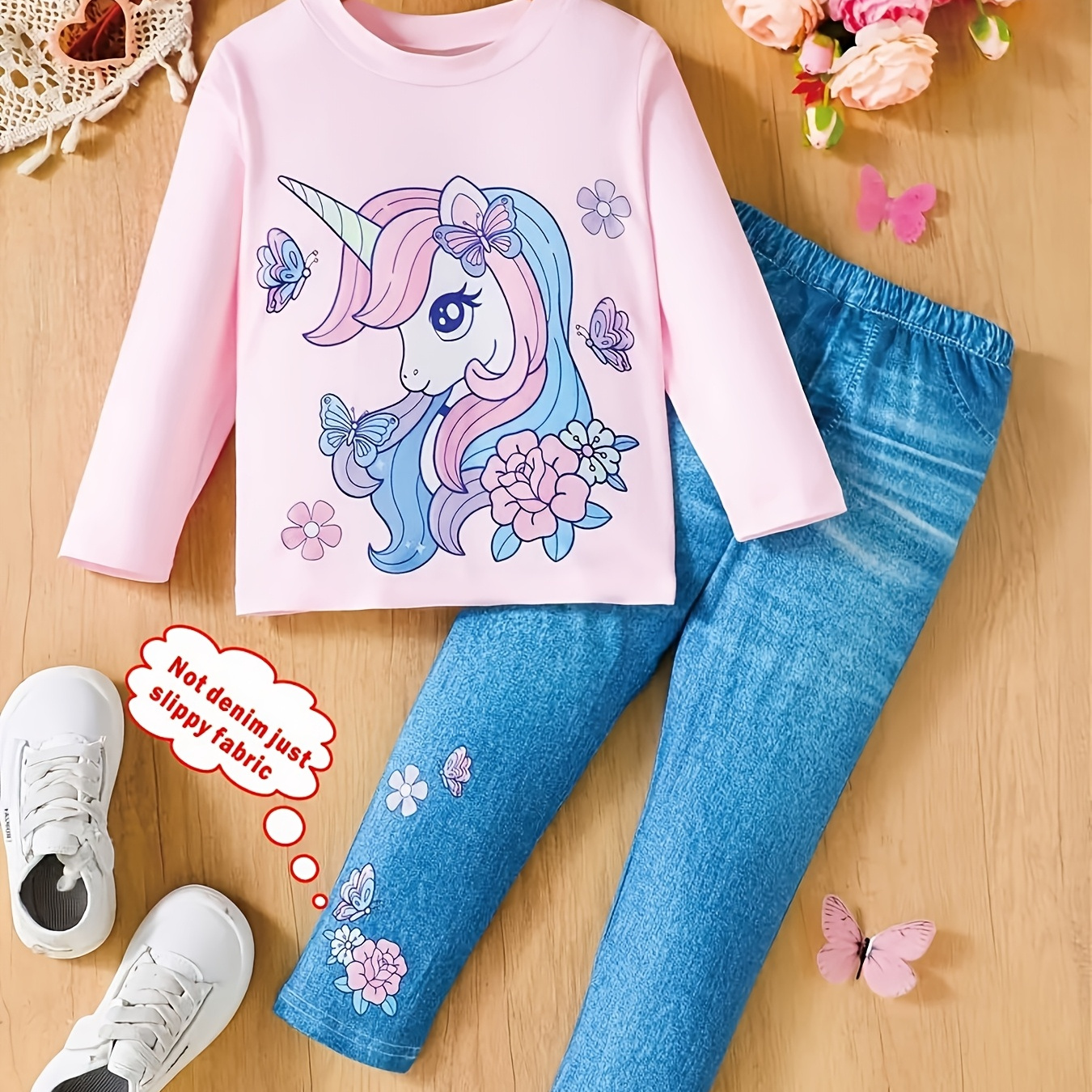 

2pcs Set For Girls: Cute Unicorn Doll Print Long Sleeve Top + Denim Pants Spring/summer/autumn Clothing, Very Suitable For Casual Outdoor Activities, Outdoor