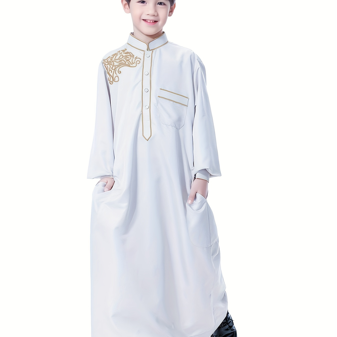 

Boys' Long Sleeve Embroidered Arab Thobe, Casual Ethnic Style Boys Long Sleeve Clothing