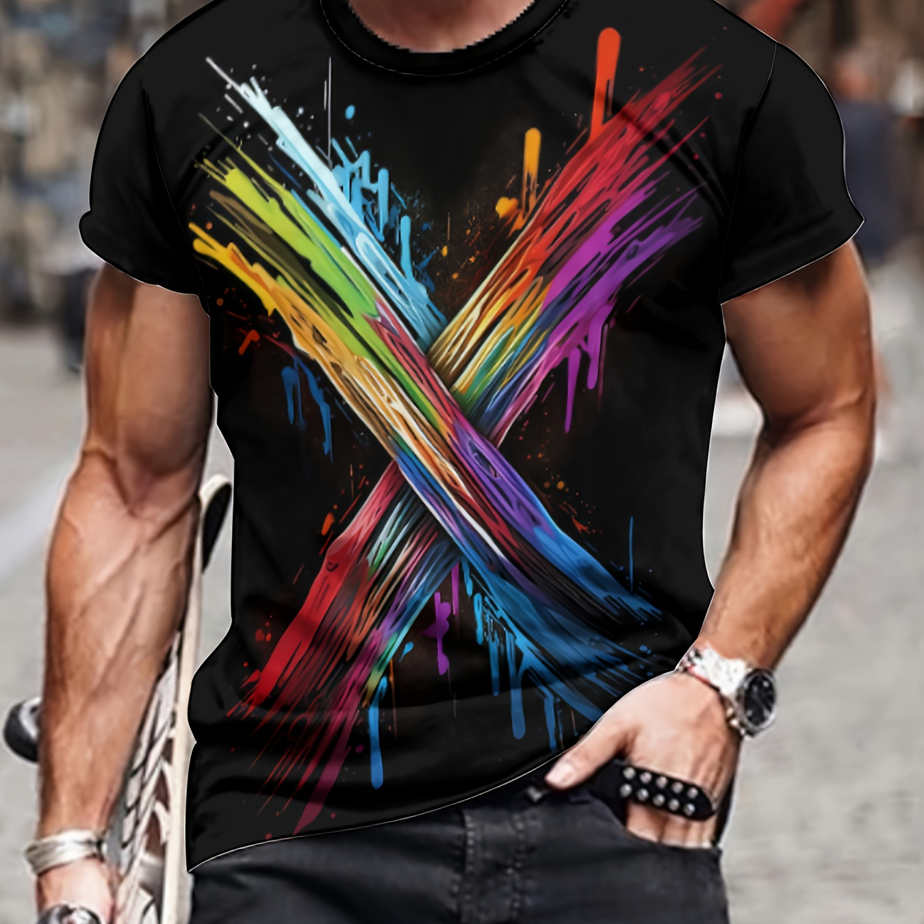 

Colorful Paint Print, Men's Short Sleeve T-shirt, Casual Comfy Top For Summer