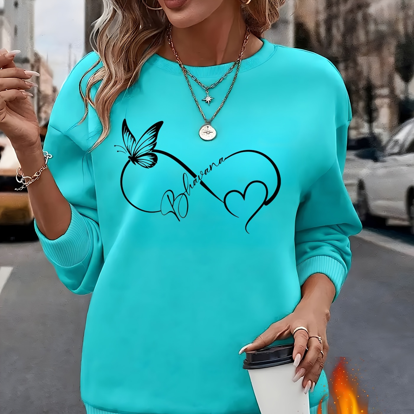 

1pc Élégant Sweat-shirt à manches longues et col rond avec doublure en , motif papillon et cœur , pour femme, tissu en de polyester, pull toutes