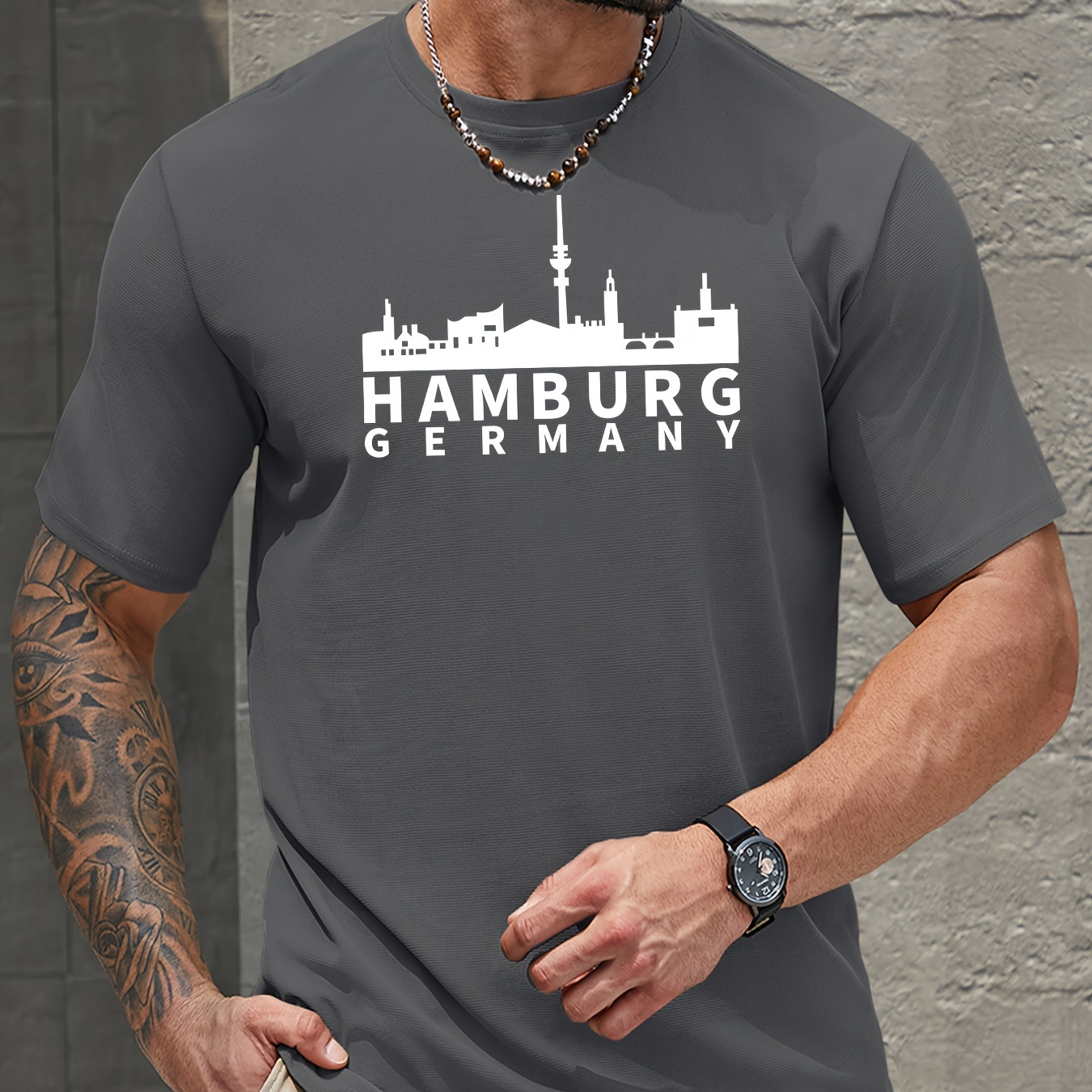 

Hamburg Print Men's Round Neck Short Sleeved T-shirt For Sports, Running, Gym Exercise, Casual Sports, Comfortable And Cool Summer Top