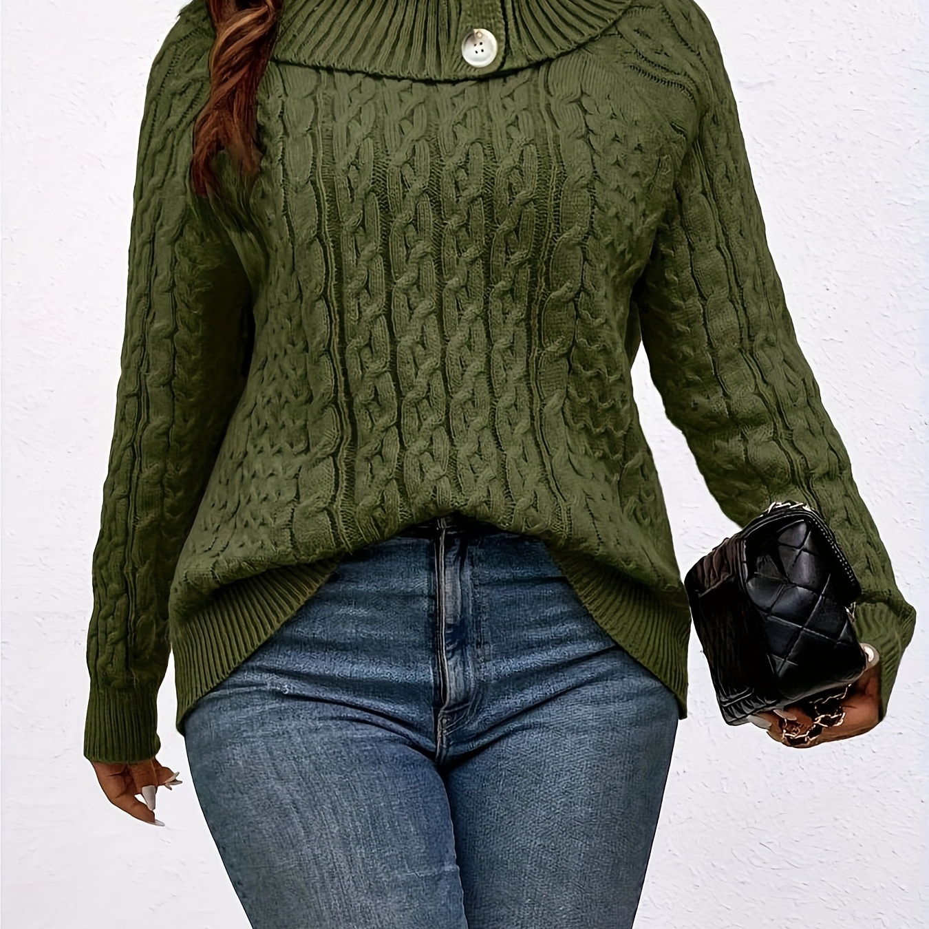 

Plus Size Decor Knitted , Turtleneck Long Sleeve For Fall & , Women's Plus Size Clothing