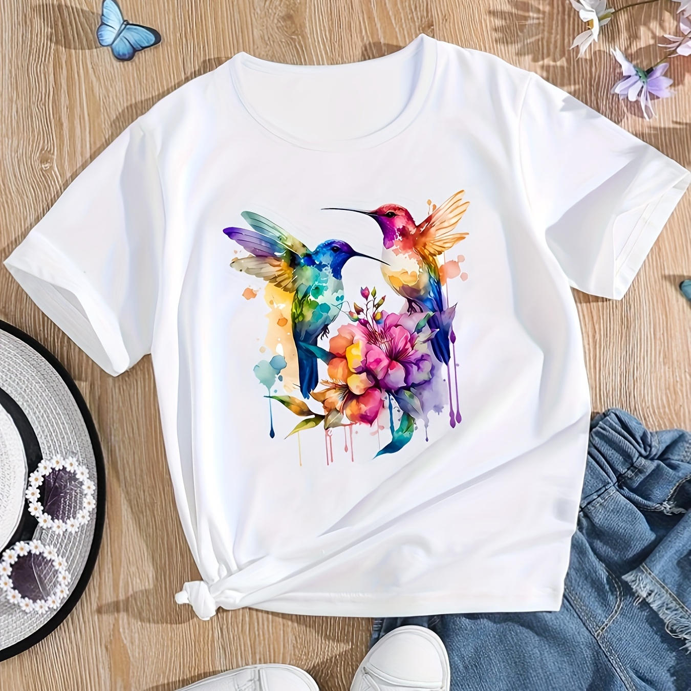 

Bird & Floral Print T-shirt, Casual Crew Neck Short Sleeve Top For Spring & Summer, Women's Clothing