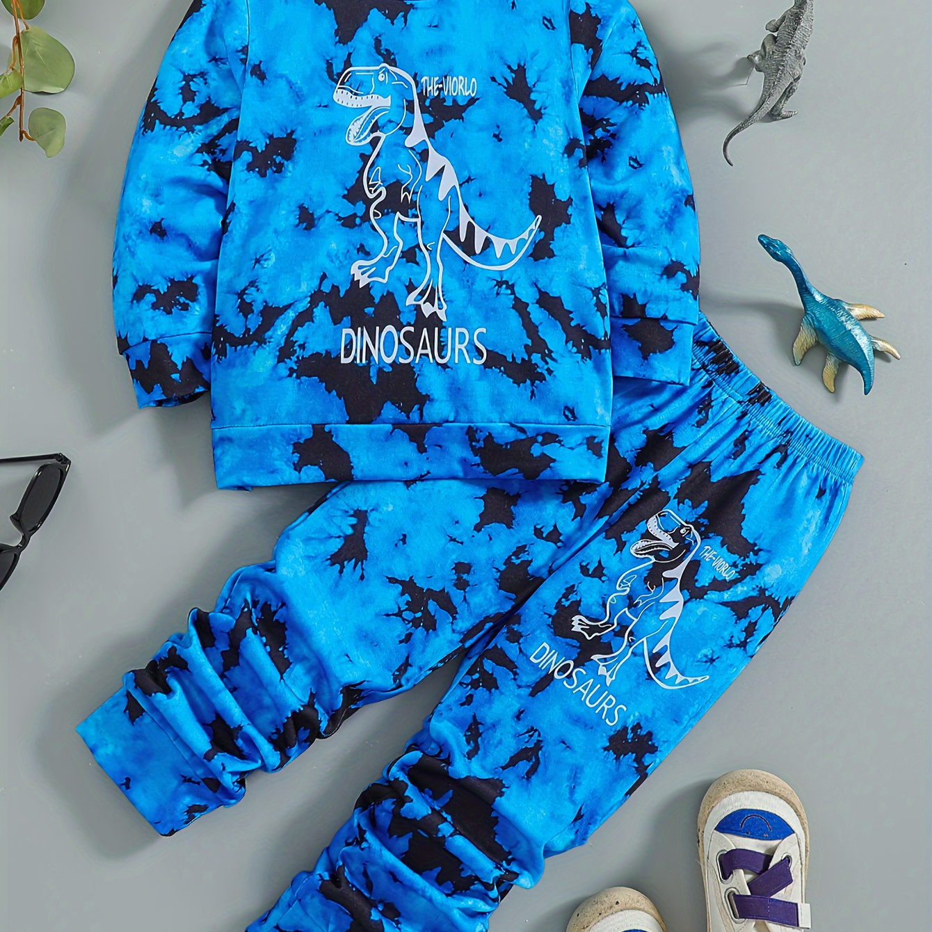 

Boys 2-piece Summer Set Tie Dye Dino Print Crew Neck Long Sleeve Top + Matching Pants Casual Co Ord Set