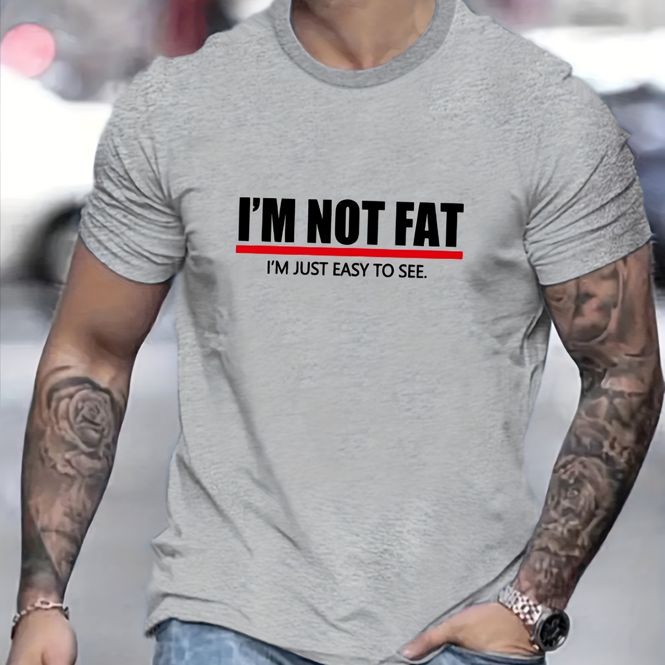 

I'm Not Fat I'm Just Easy To See Print, Men's Novel Graphic Design T-shirt, Casual Comfy Tees For Summer, Men's Clothing Tops For Daily Activities
