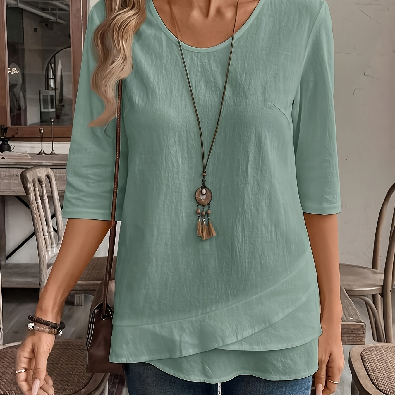 

Chemise unie pour femme avec col en V et motif patchwork