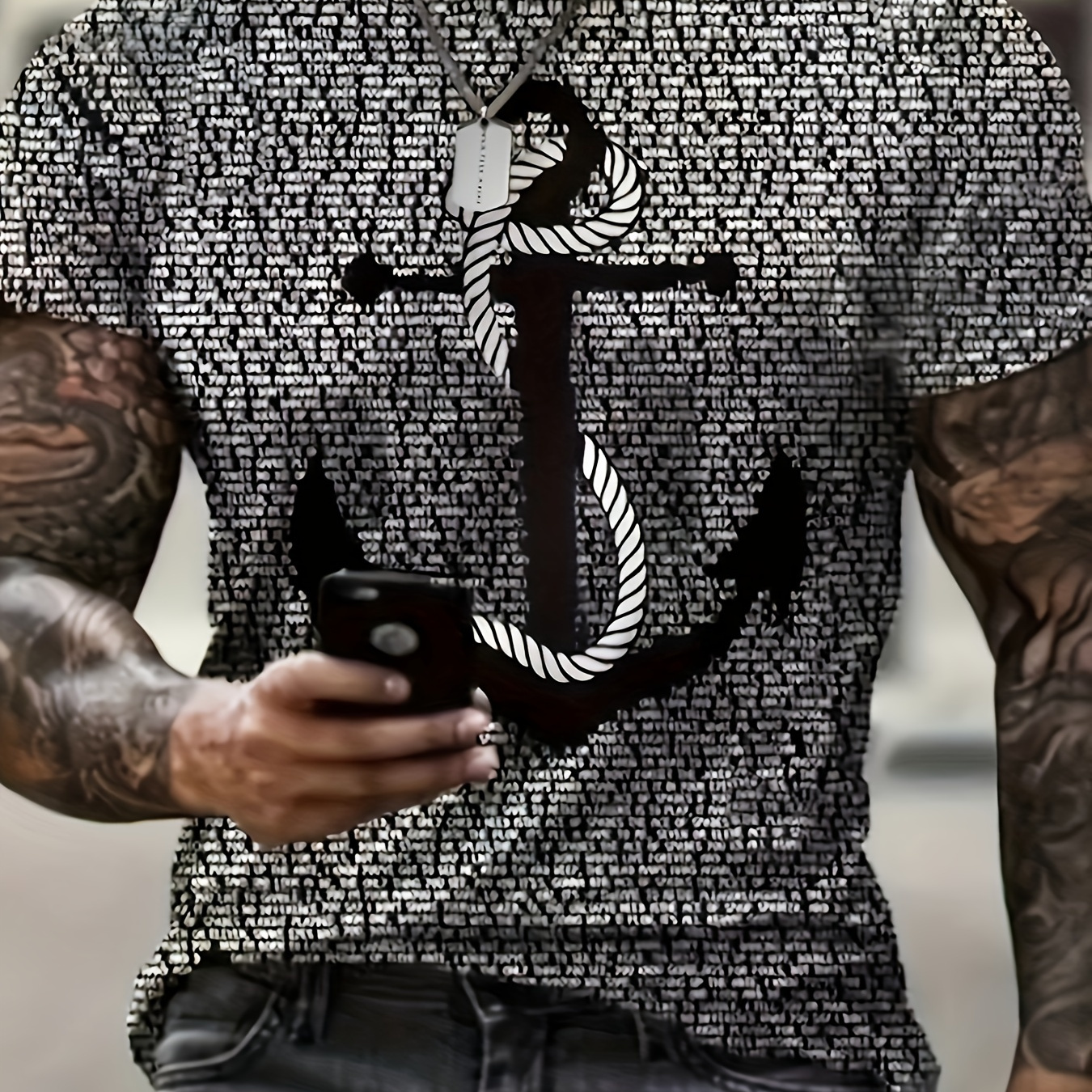 

Men's Casual Short Sleeve T-shirt, Nautical , Crew Neck, Stylish Black And White Print, Comfort Fit, Summer Top For Leisure And Everyday Wear