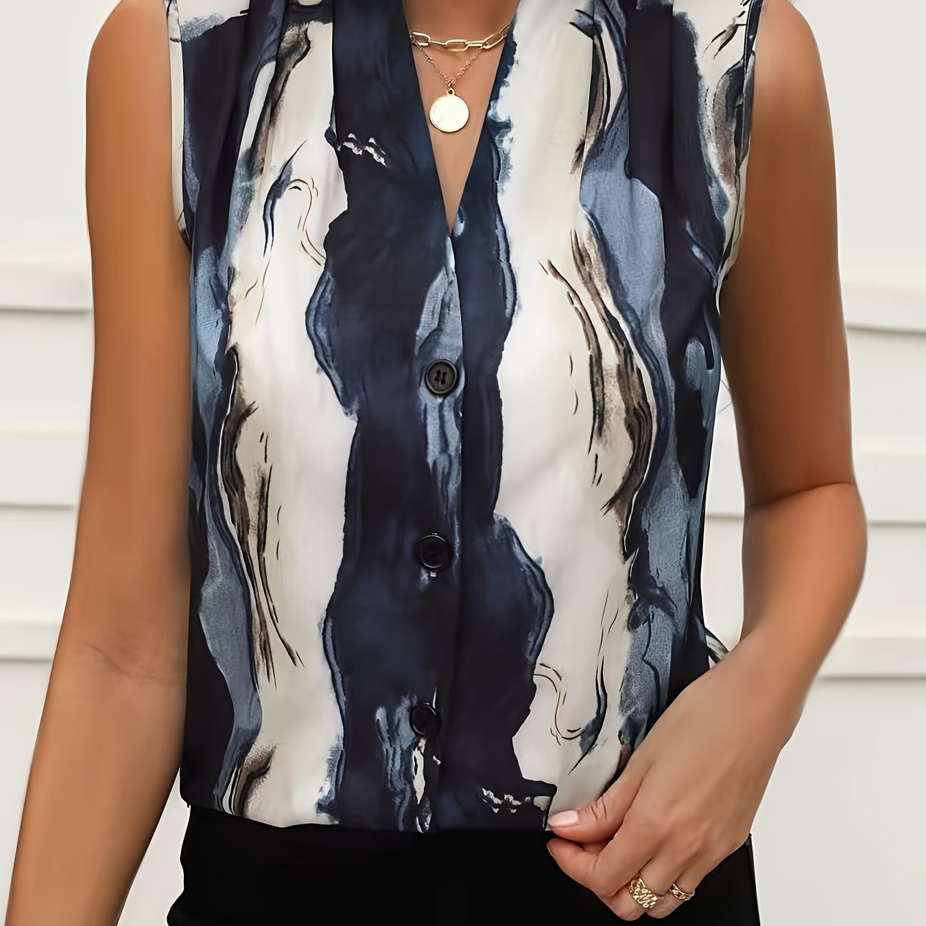 

Marble Print V Neck Tank Top, Elegant Button Front Sleeveless Tank Top For Summer, Women's Clothing