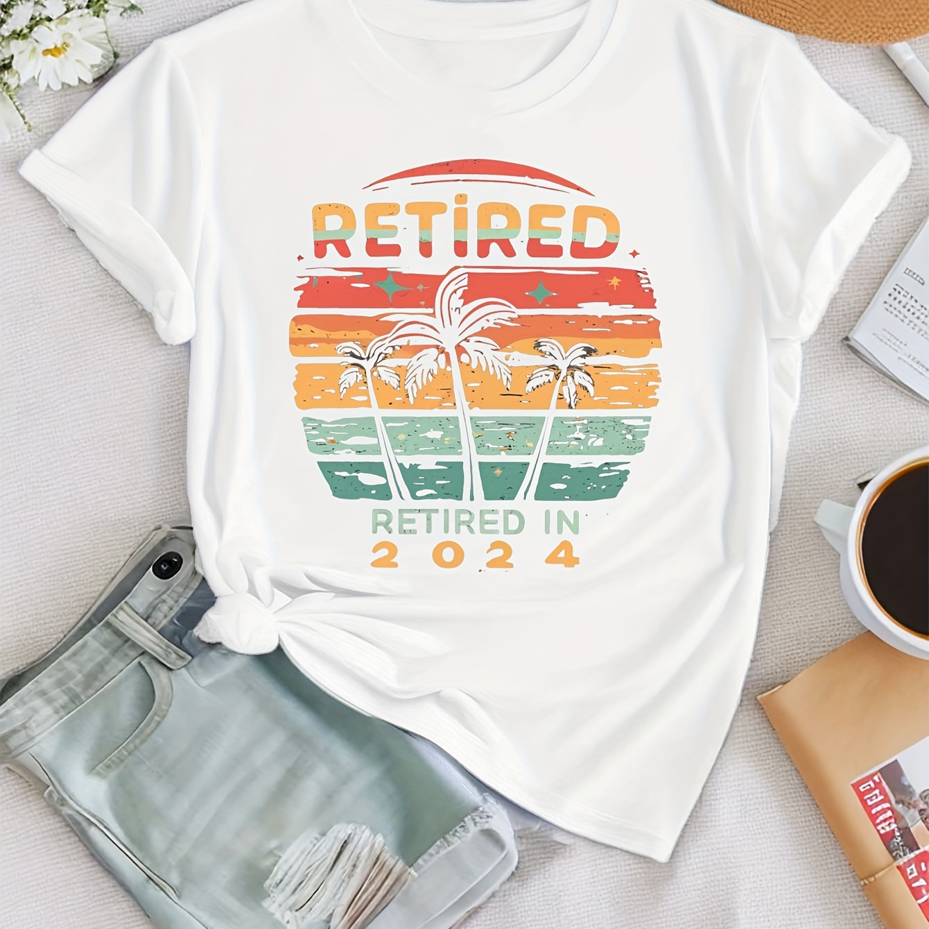 

Retired In 2024 Vintage Print T-shirt, Short Sleeve Crew Neck Casual Top For Summer & Spring, Women's Clothing