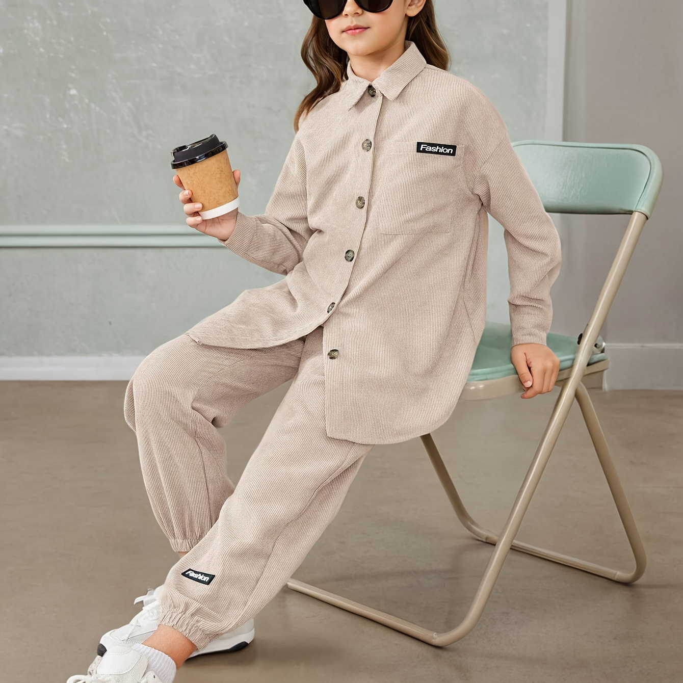 

' Striped Button-up & Pants Set - , Non-stretch For , For Fall And , , School , And , For