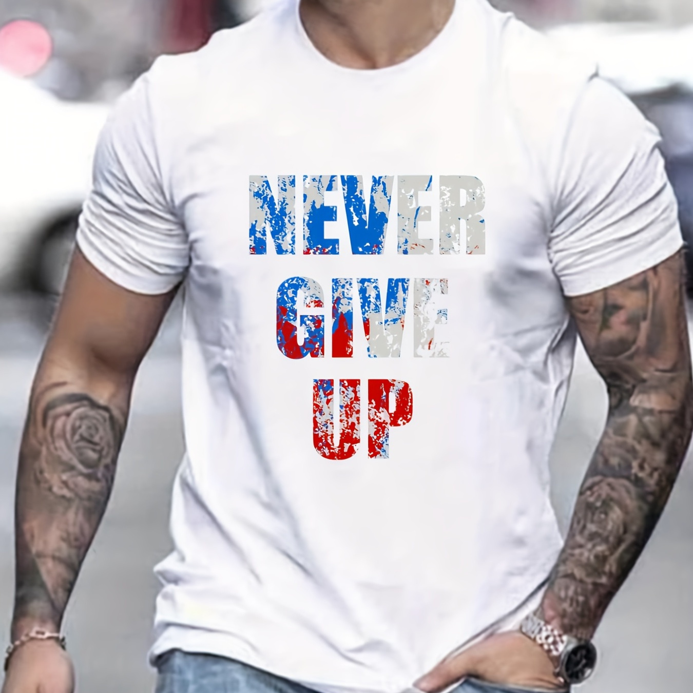 

Never Give Up Print Men's Casual Short Sleeve Crew Neck T-shirt, Summer Outdoor