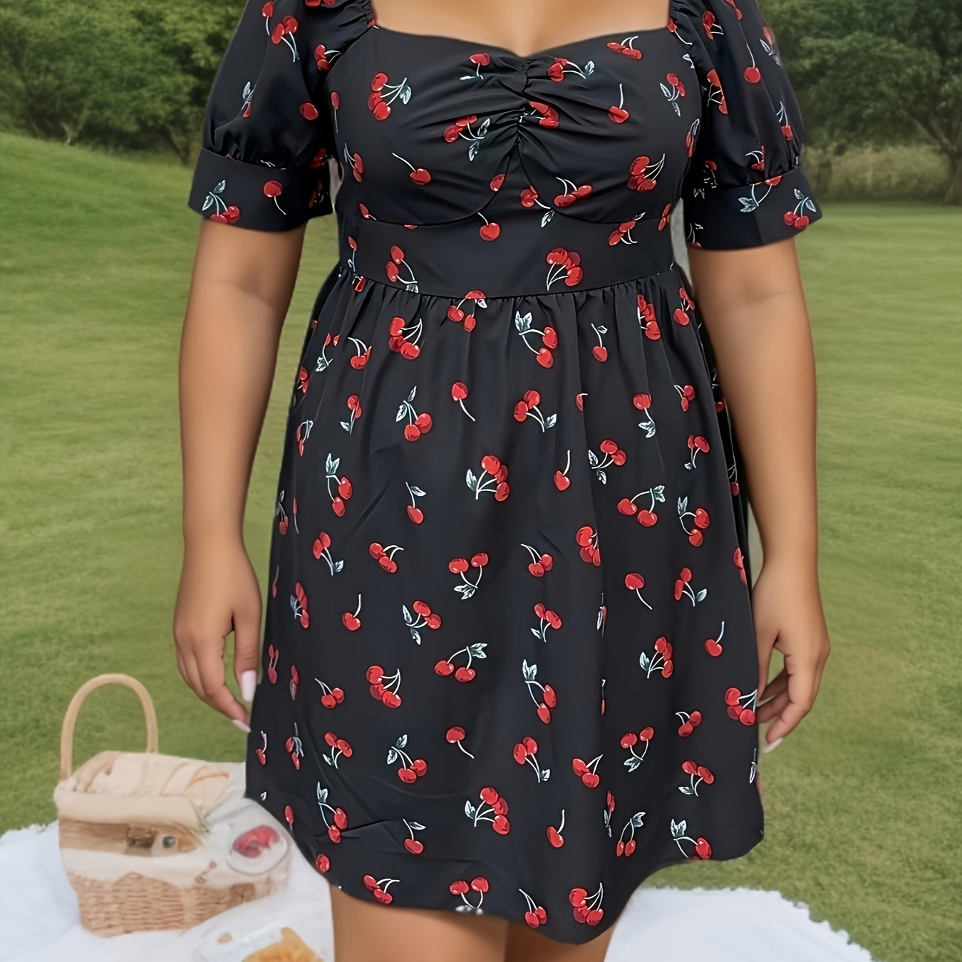 

Plus Size Cherry Print Backless Dress, Vacation Style Puff Sleeve Gathered Front Dress For Spring & Summer, Women's Plus Size Clothing