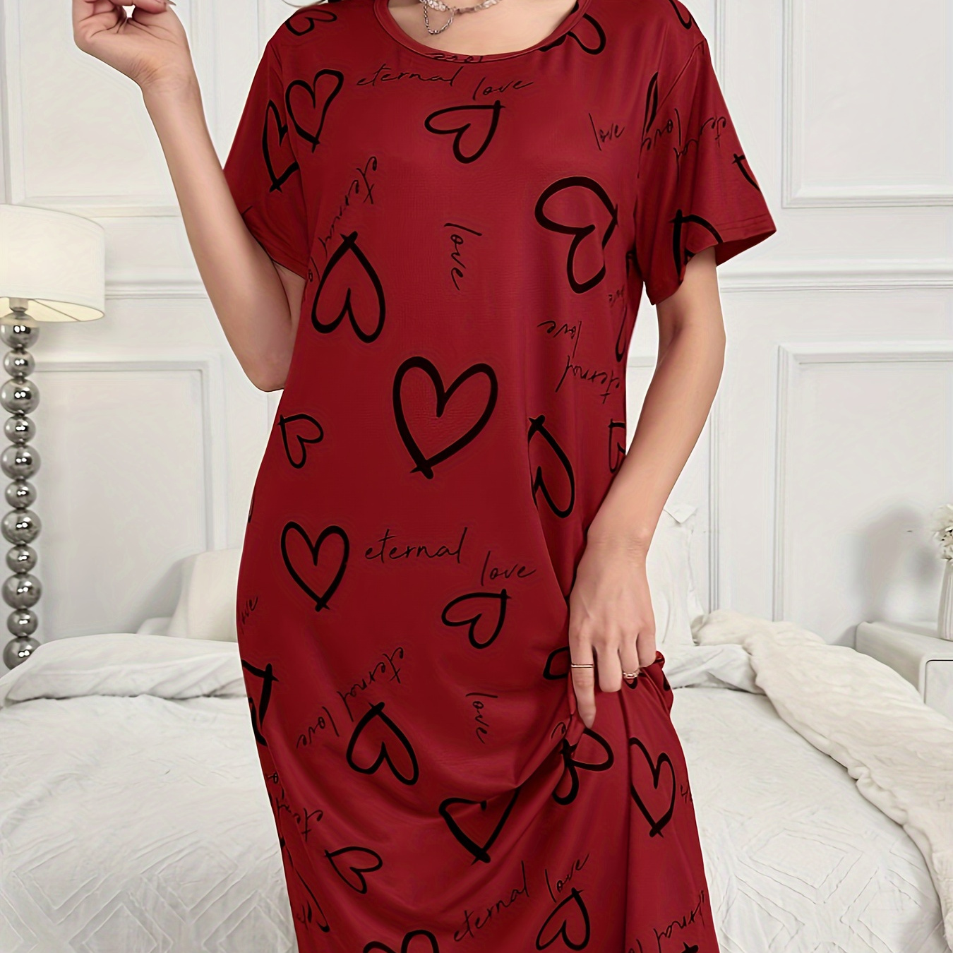 

Women's Heart & Letter Print Casual Sleepwear Dress, Short Sleeve Round Neck Tee Dress, Comfortable Nightgown