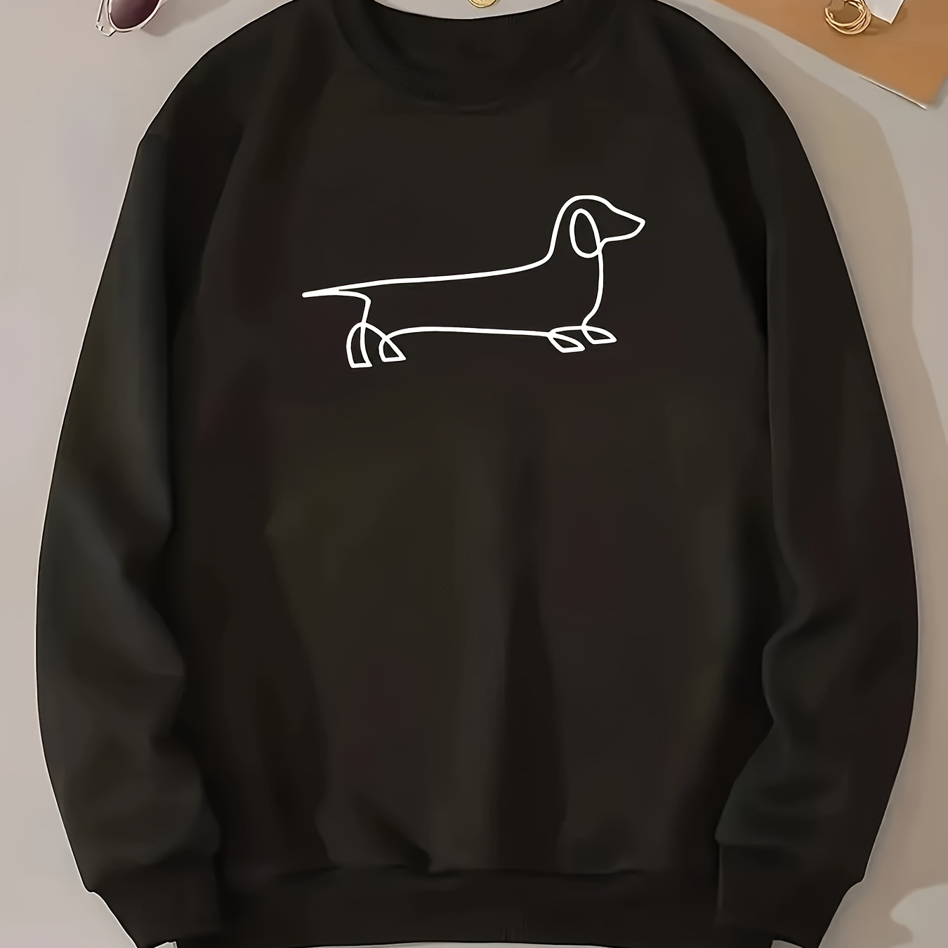 

Adult Casual Crew Neck Sweatshirt With Cartoon Dachshund Graphic, 100% Polyester Knit Fabric, Slightly Stretch Pullover, Geometric For Fall/winter