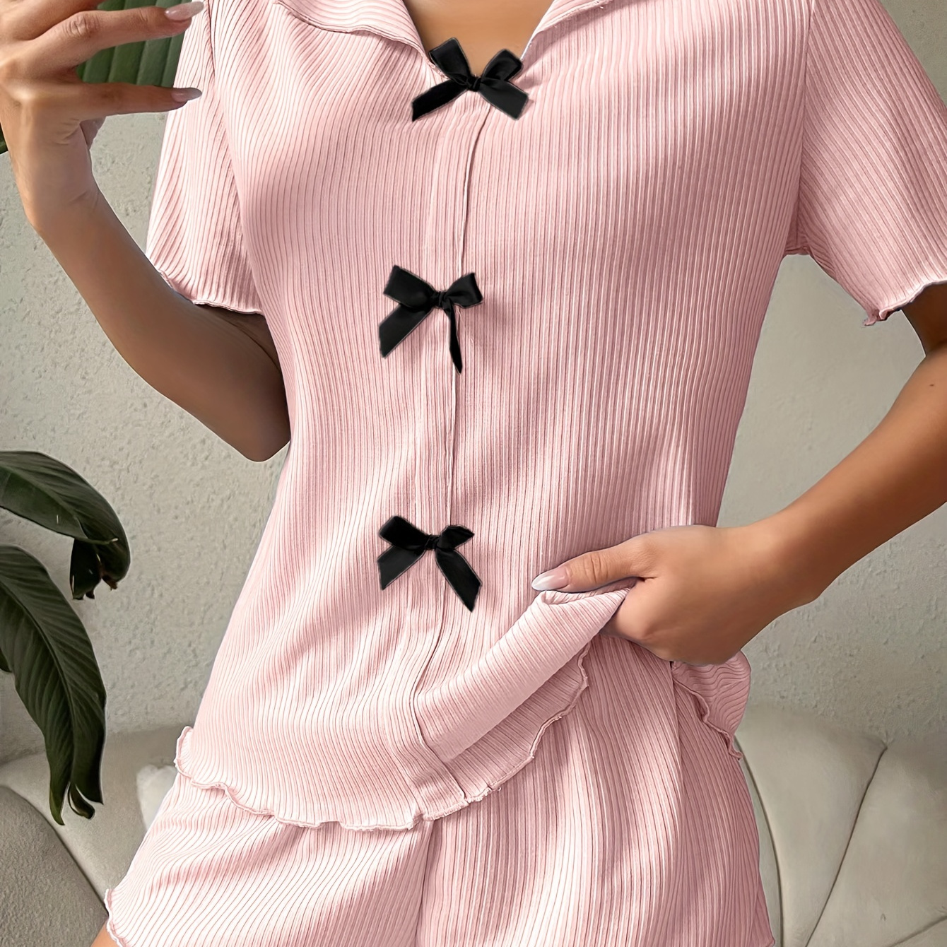 

Elegant Solid Ribbed Bow Decor Pajama Set, Short Sleeve Lapel Collar Top & Elastic Shorts, Women's Sleepwear & Loungewear