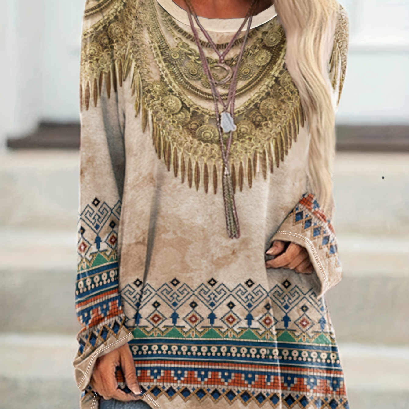 

Tribal Neck T-shirt, Casual Long Sleeve T-shirt For Spring & Fall, Women's Clothing