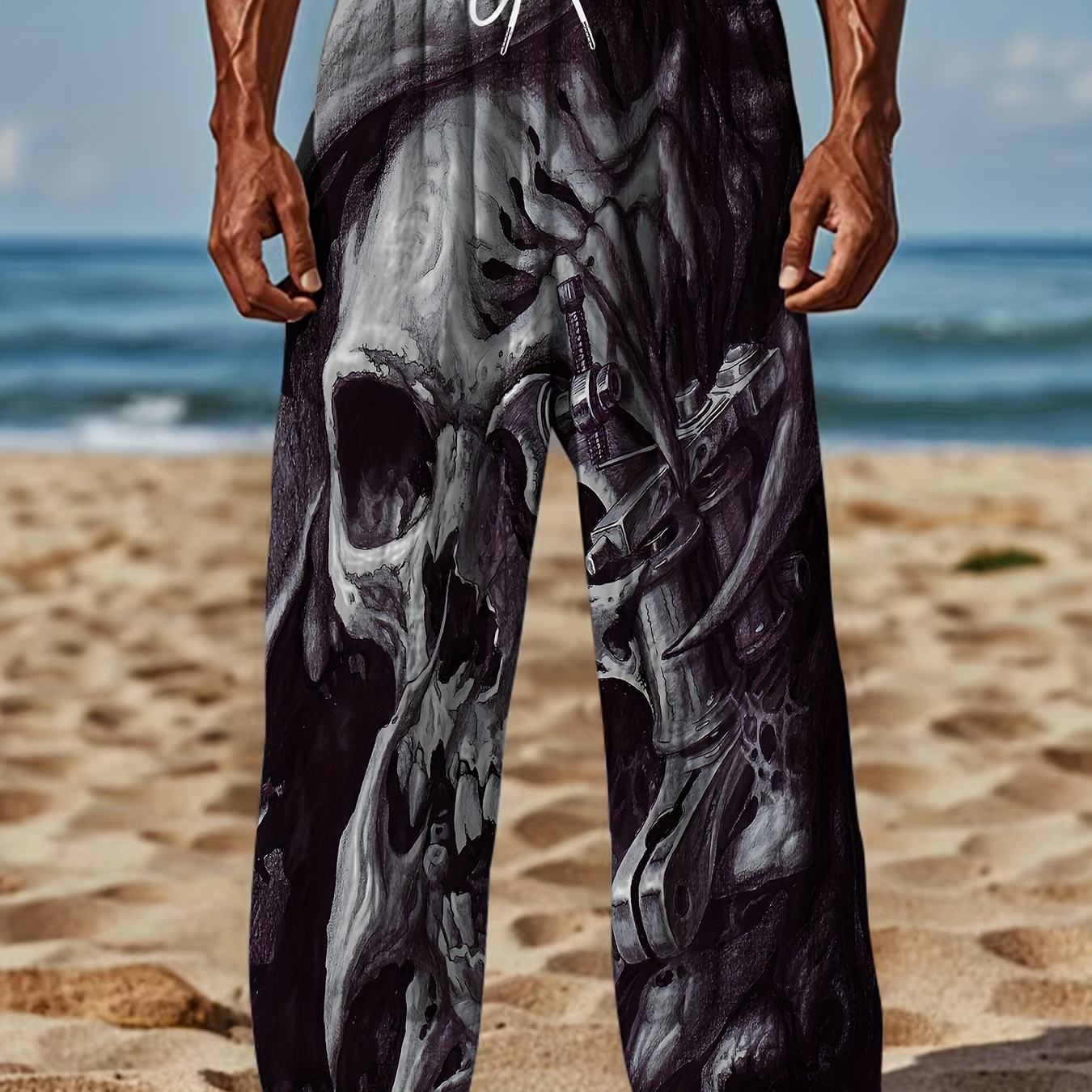 

Men's Casual 3d Skull Print Beach Pants - 100% Polyester Drawstring Waist Loose-fit Straight Leg Active Pants With Slight Stretch