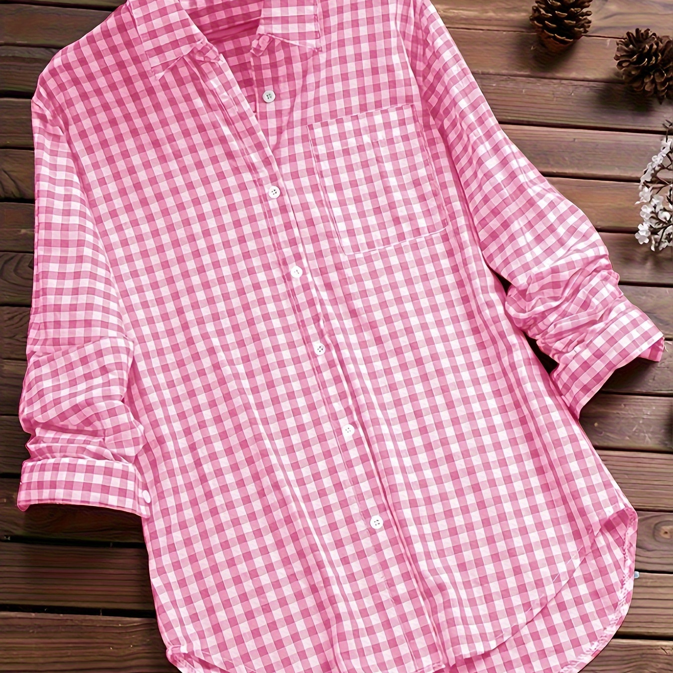 

Women' Gingham Check Long Sleeve Shirt, Casual Button-up Collared Top, Vintage Style, All , Adult Size, Woven Fabric