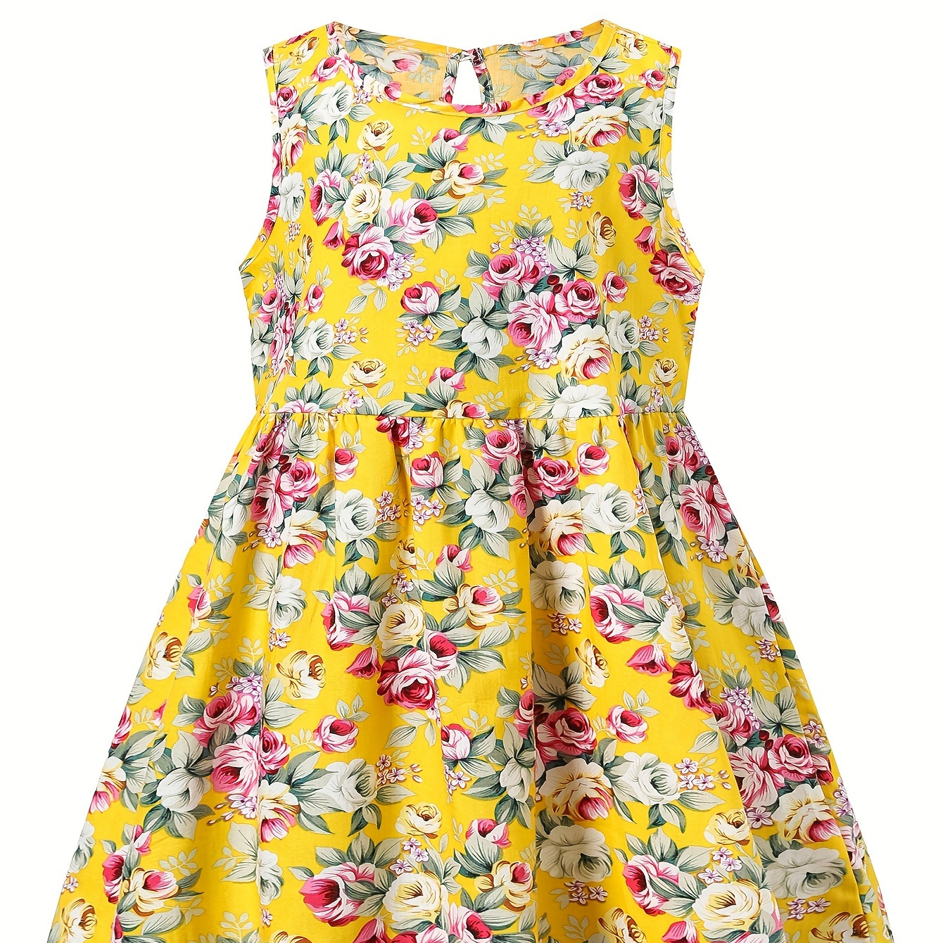 

Yellow Floral A-line Ruffle Sleeveless Dress Girls Vacation Casual Dresses Summer Gift