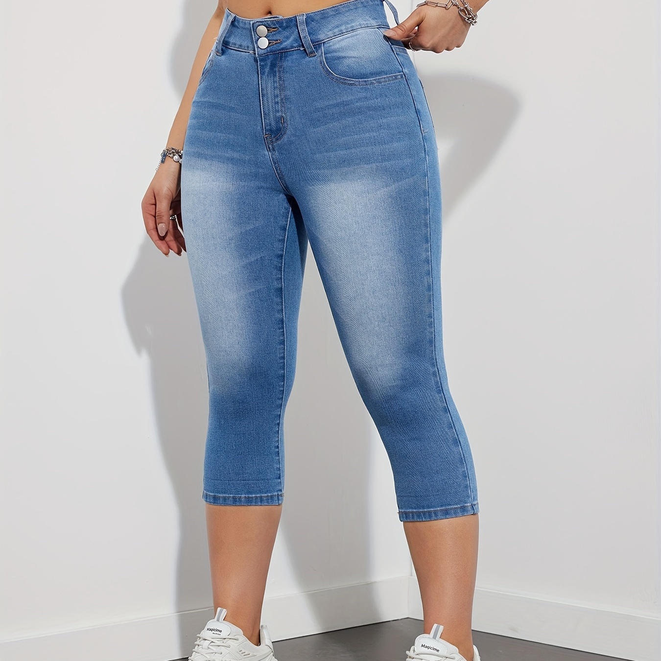 

Women's Stretch Plain Washed Blue Denim Capri Pants, Mid-rise, Sexy Style, Comfort Fit Jean Cropped Trousers