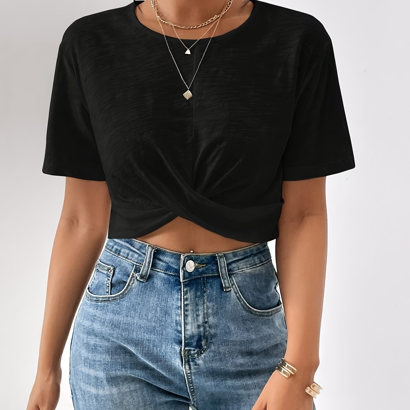 

Twist Hem Crew Neck T-shirt, Casual Short Sleeve Solid Color Crop Top For Spring & Summer, Women's Clothing