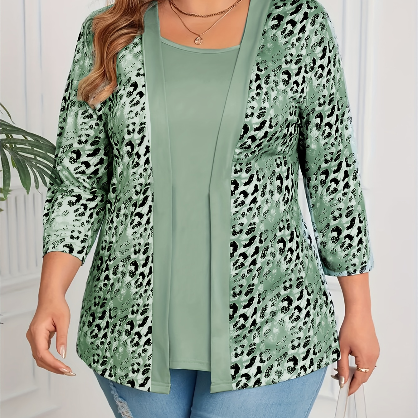 

Plus Size 2 In 1 Leopard Print T-shirt, Elegant 3/4 Sleeve Top For Spring & Fall, Women's Plus Size Clothing