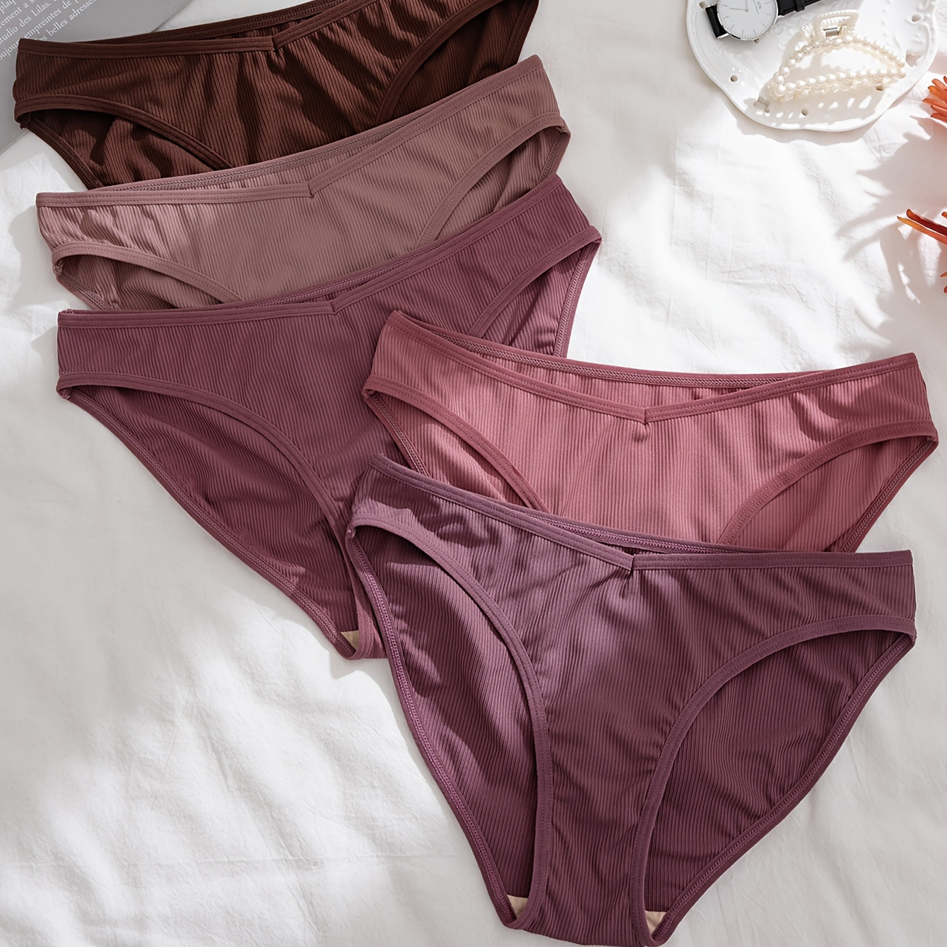 

5pcs Elegant Breathable Panties, Comfortable Underwear Briefs In Assorted Colors, Soft Stretchable Fabric For Daily Wear