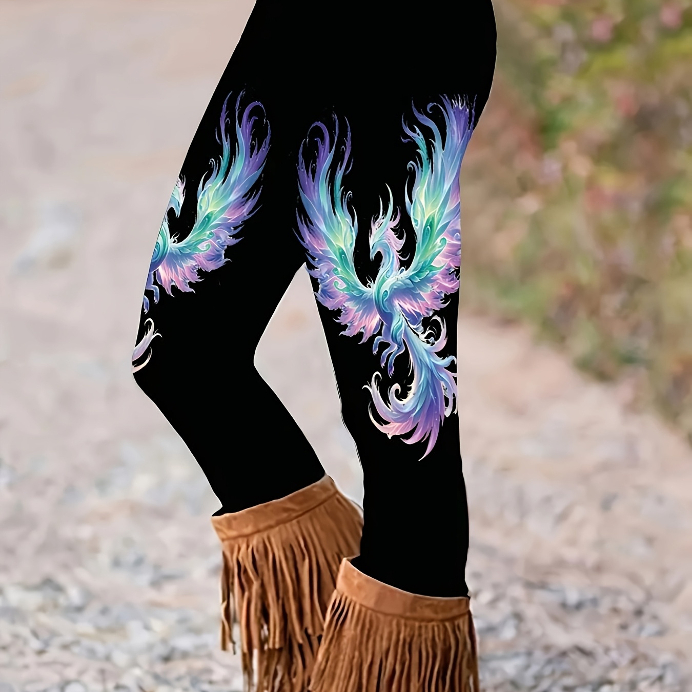 

Elegant Women's Stretchy Leggings With Unique Phoenix Print - Comfortable Polyester , Machine Washable - All