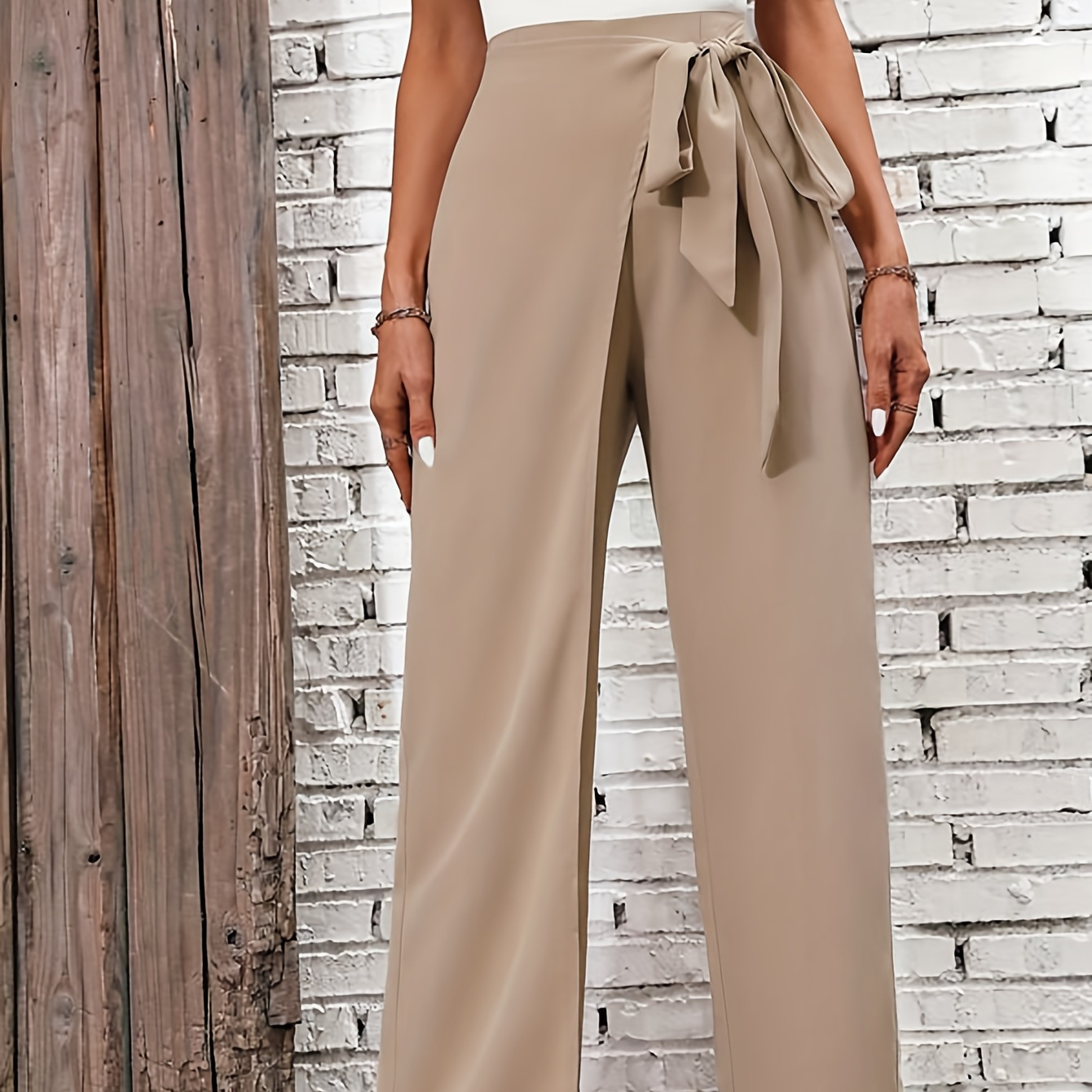 

Solid High Waist Pants, Elegant Wide Leg Tie Waist Pants, Women's Clothing