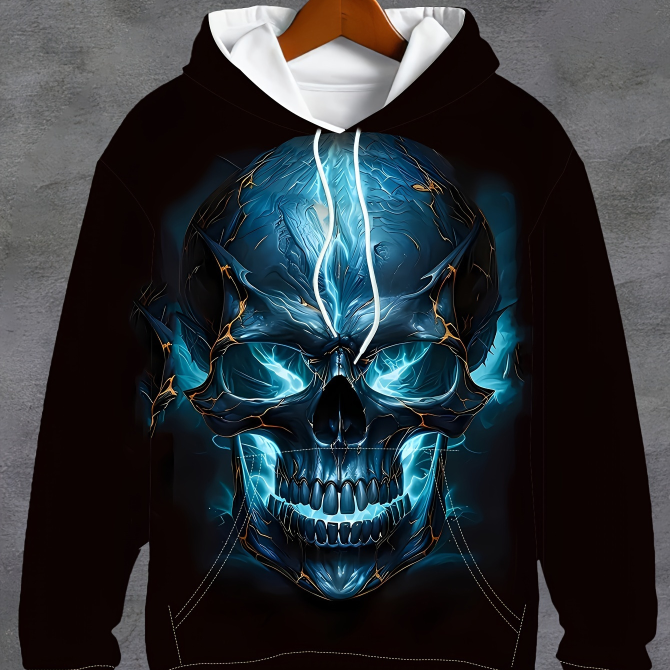 

Men's Spring And Autumn 3d Flaming Skull Pattern Hooded Long Sleeve Sweatshirt With A Kangaroo Pocket, Novel Hoodie For Street And Sports Leisurewear