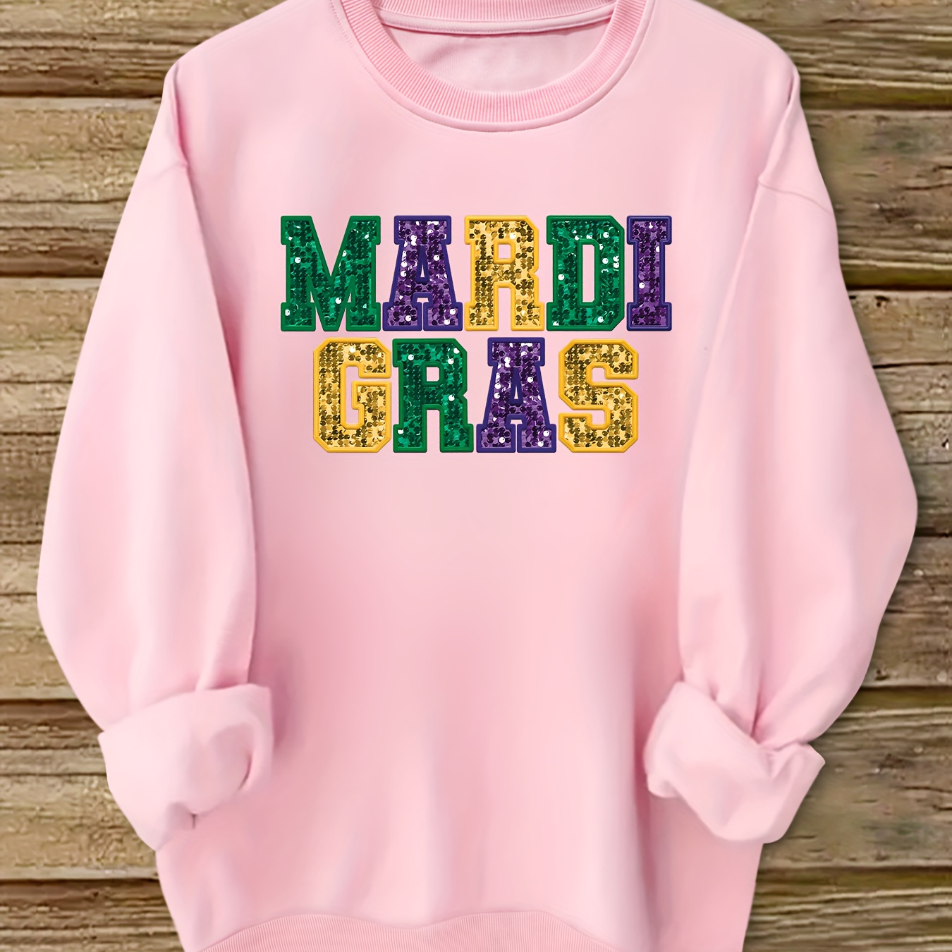 

Mardi Gras Sequin Letter Round Neck Sweatshirt - 100% Polyester, Machine Washable, Summer , Sequin, Round Neck