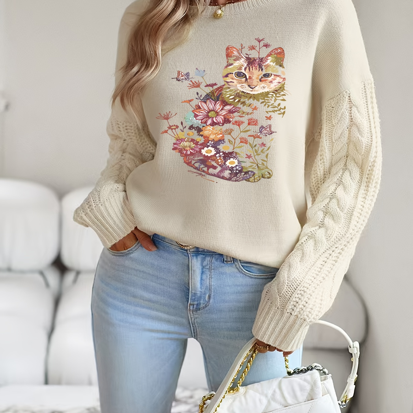 

Chic Vintage-inspired Cable Knit Sweater For Women - Cozy Long Sleeve Pullover With Animal & Floral Print, Fall/winter