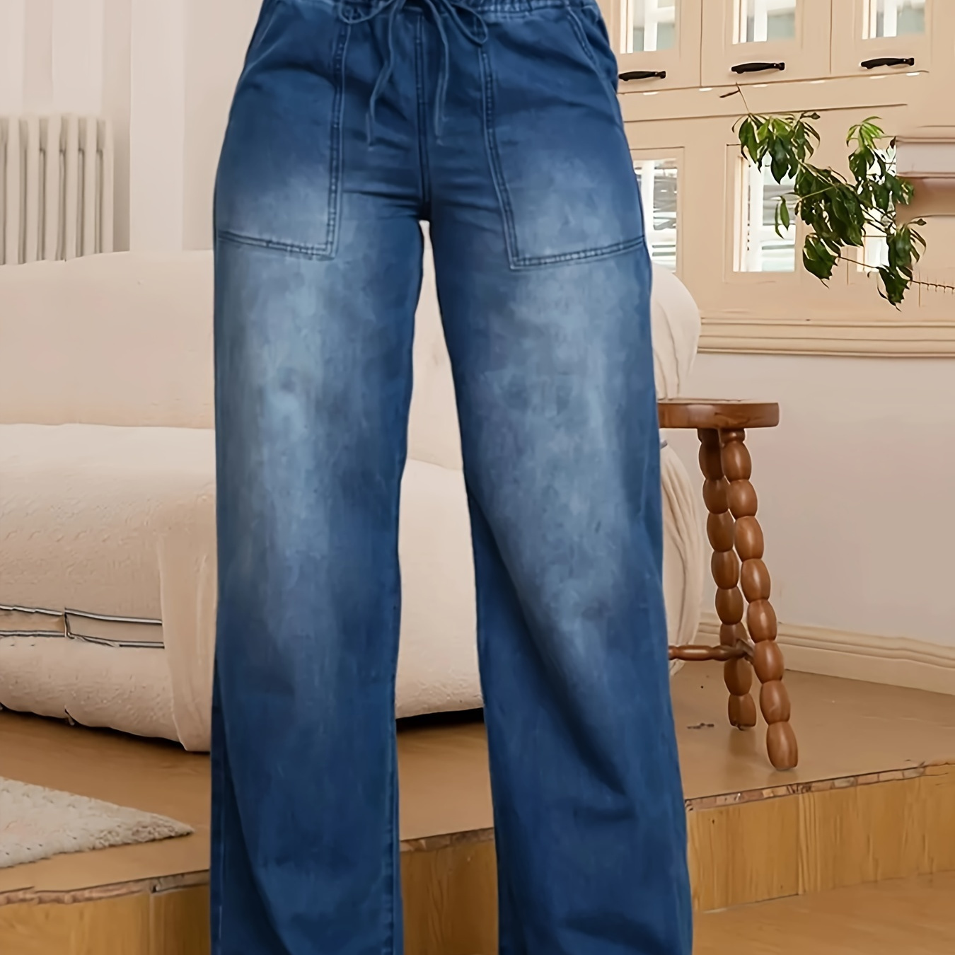 

Women's High-waisted Wide Leg Jeans, Cotton Blend, Relaxed Fit, Straight Leg, Drawstring Waist, Casual Outwear, Seasonal