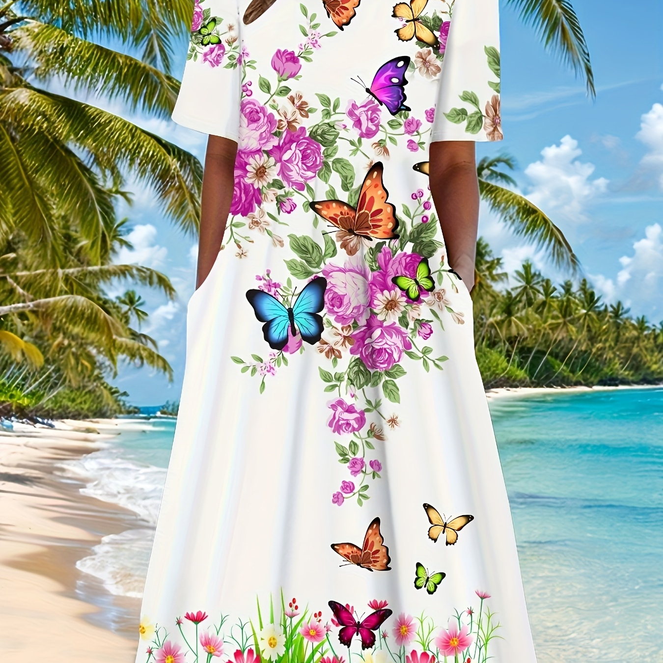 Robe De Plage Midi Hawaïenne Femme - Sans Manches, Col Rond, Découpe Papillon - Légère Et Fluide Pour L'été 2024 - 2