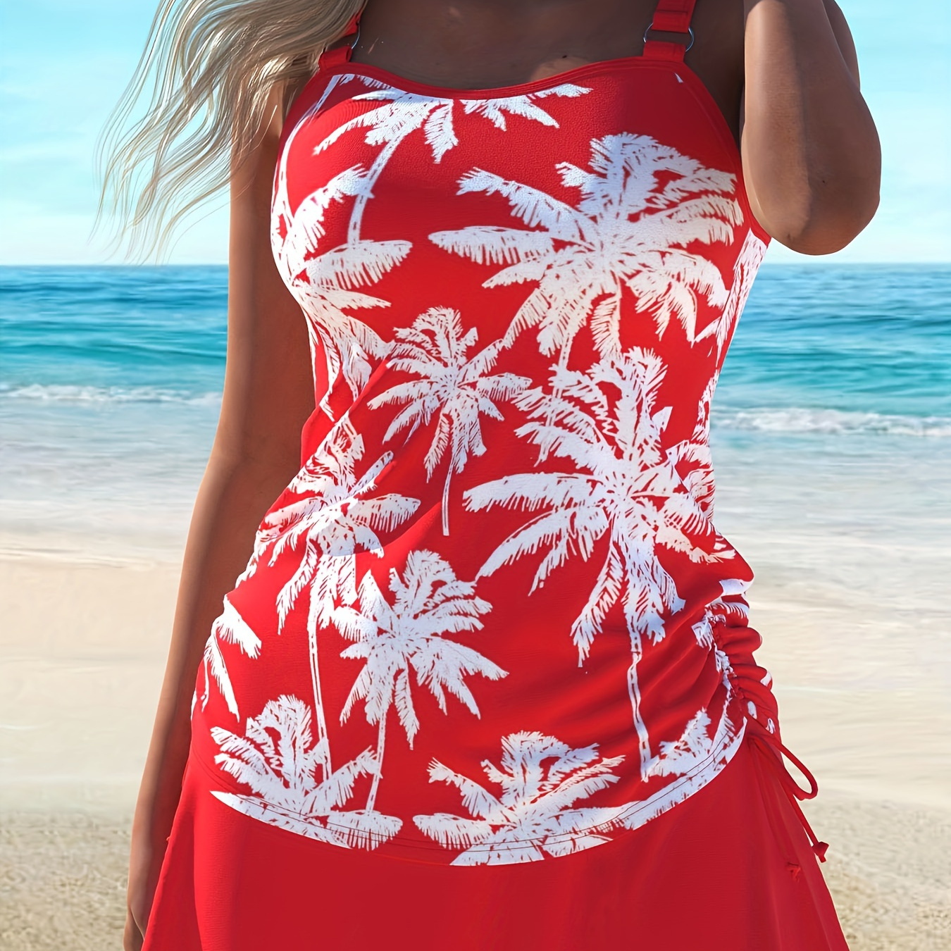 

Women's Tankini Set, Plus Size Coconut Tree Print Drawstring Side Red Top & Panty Swimsuit 2 Piece Set