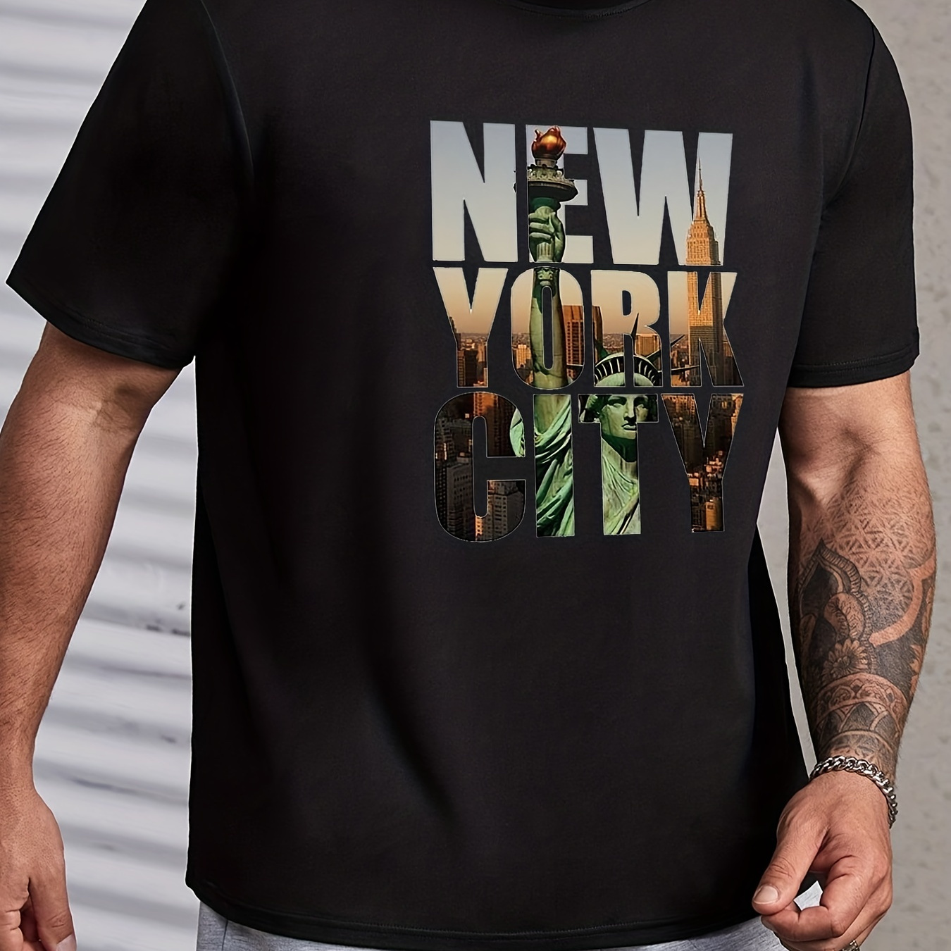 new York Pattern Print Men's Comfy Sports T-shirt, Graphic Tee