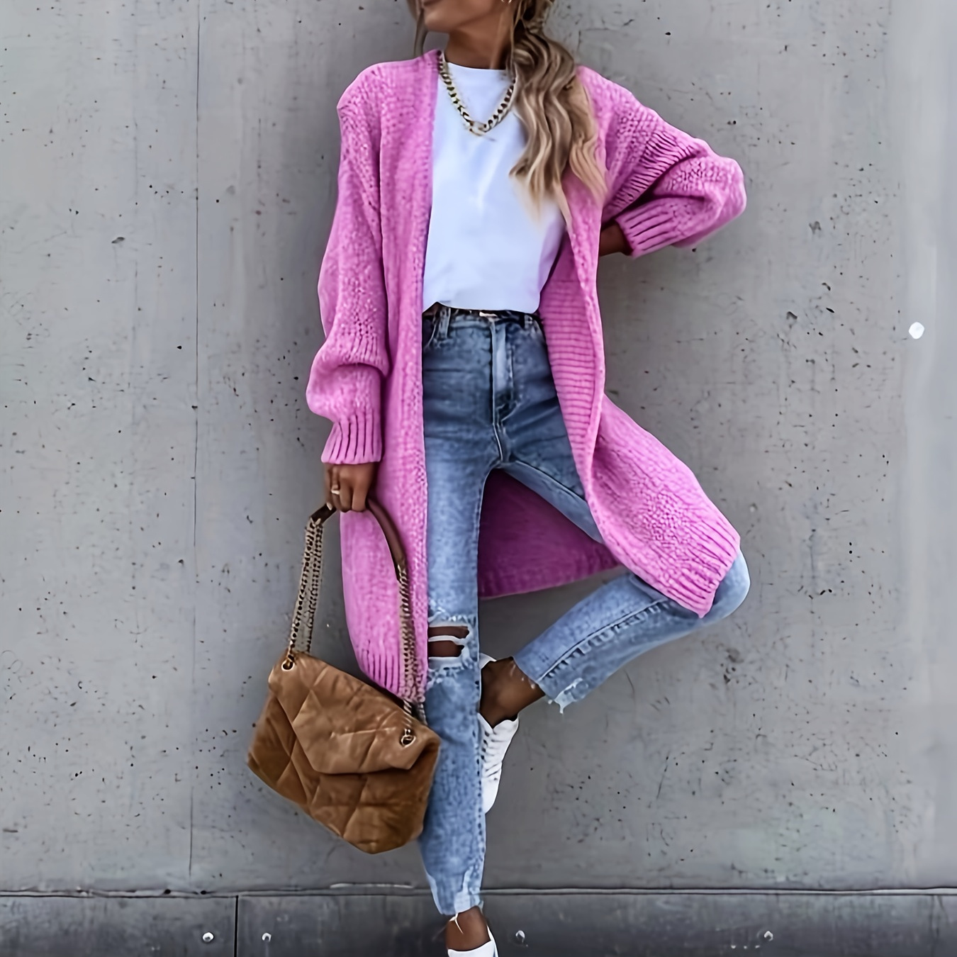 

Solid Color Open Front Cardigans, Casual Long Sleeve Knitted Cardigans Top For Spring & Fall, Women's Clothing