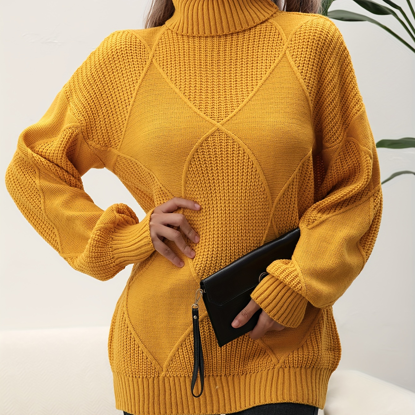 

Solid Turtleneck Pullover Sweater, Elegant Long Sleeve Drop Shoulder Sweater, Women's Clothing