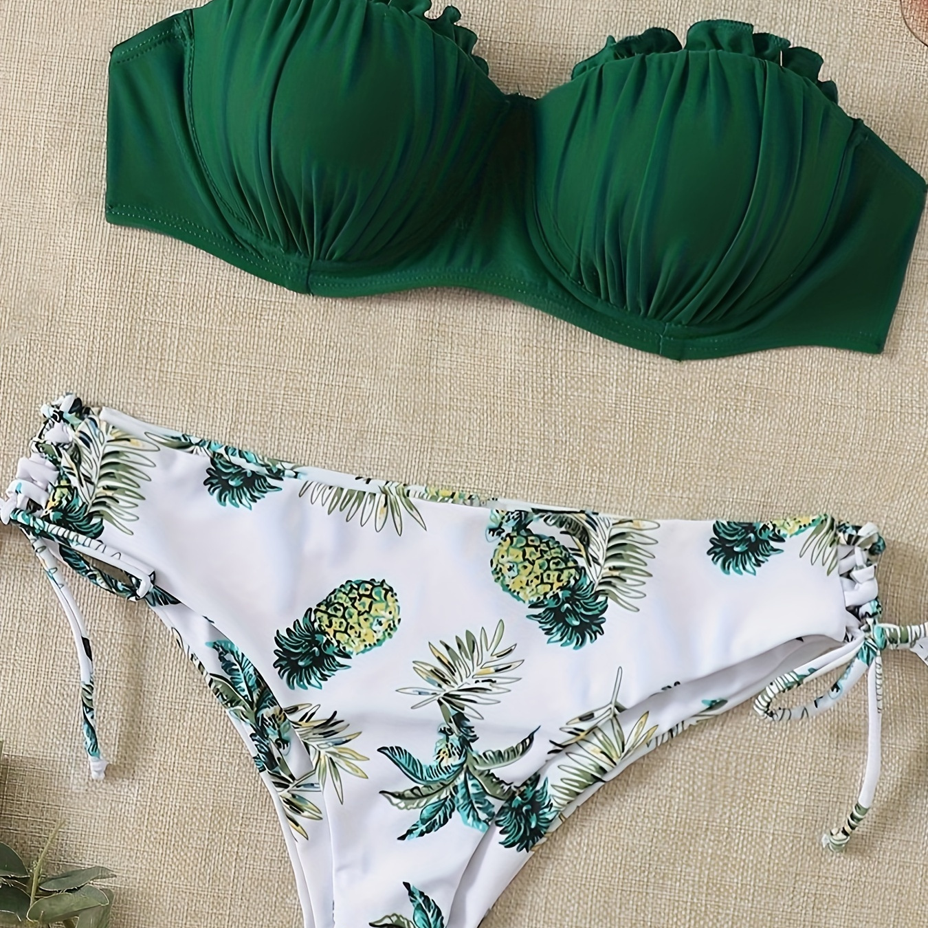 

Pineapple Print 2 Piece Set Bikini, Frill Trim Tie Side High Cut Swimsuits, Women's Swimwear & Clothing