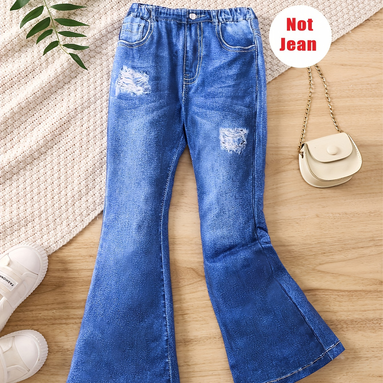 

Girls Imitation Denim Print Allover Print Stretch Flared Pants Comfortable & Fashion For Everyday, Kids Trousers