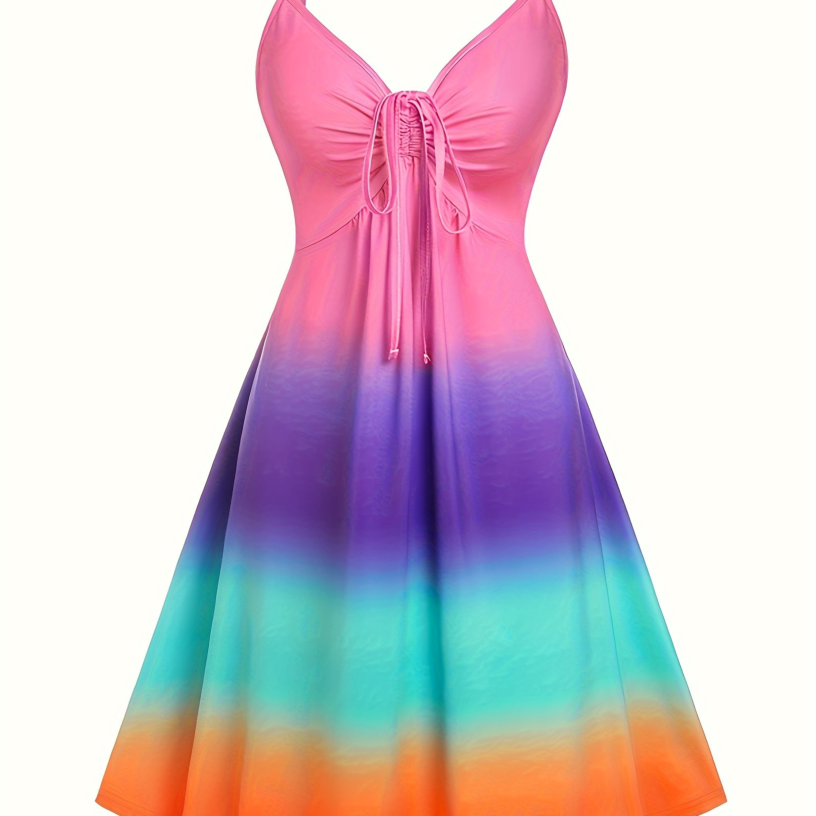 

Color Block Gradient Spaghetti Dress, Elegant Sleeveless Drawstring Backless Party Dress, Women's Clothing
