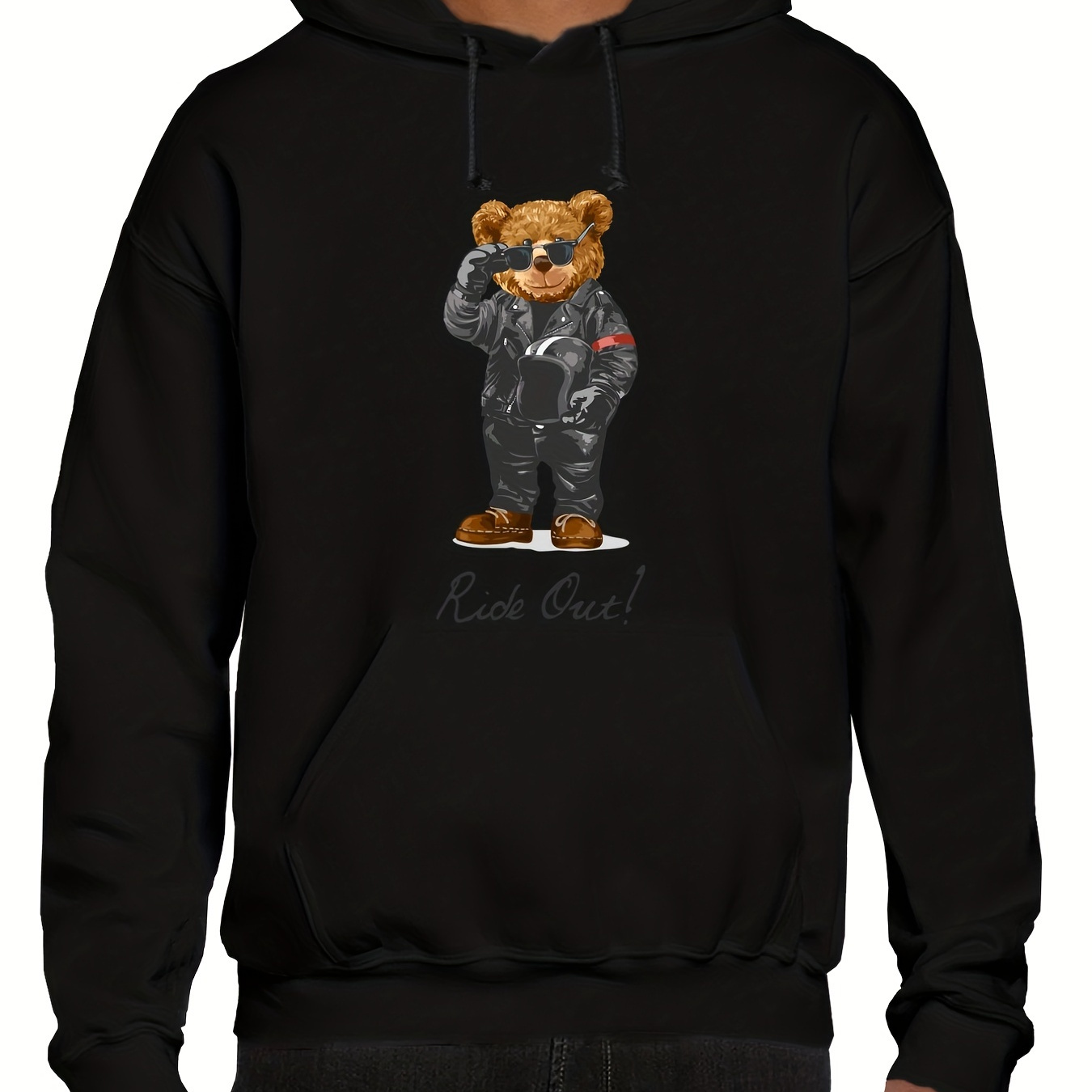 

Cool Bear Print Men's Fleece Hoodie, Comfy Stretch Drawstring Trendy Hooded Pullover
