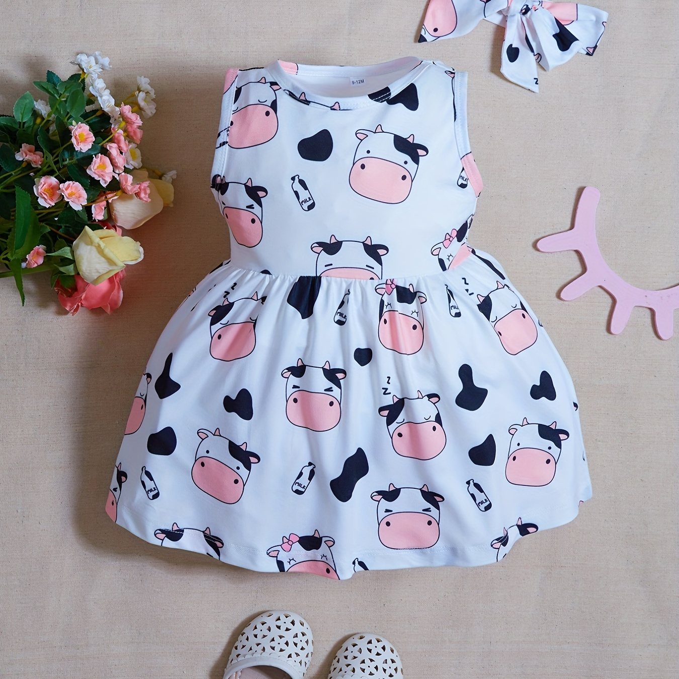 

2pcs Baby Girls Cute Cow Graphic Print Sleeveless Dress & Headband Set Clothes