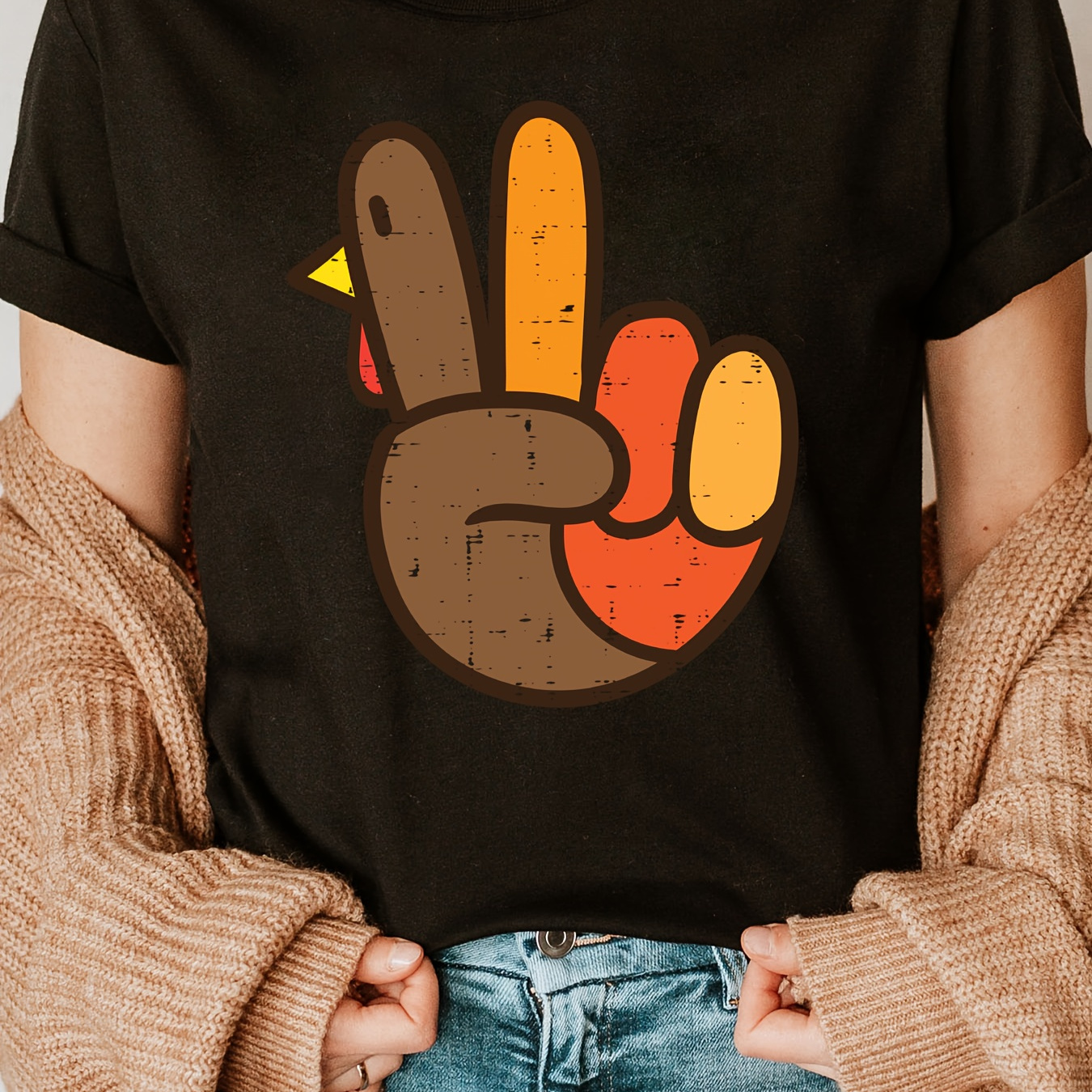 

Women's Peace Sign Hand Turkey Graphic T-shirt | Cotton 100% | Casual Crew Neck Top With Cartoon Print | Slight Stretch Fabric | Regular Length | All-season Knit Tee | Thanksgiving Hippie Style Shirt