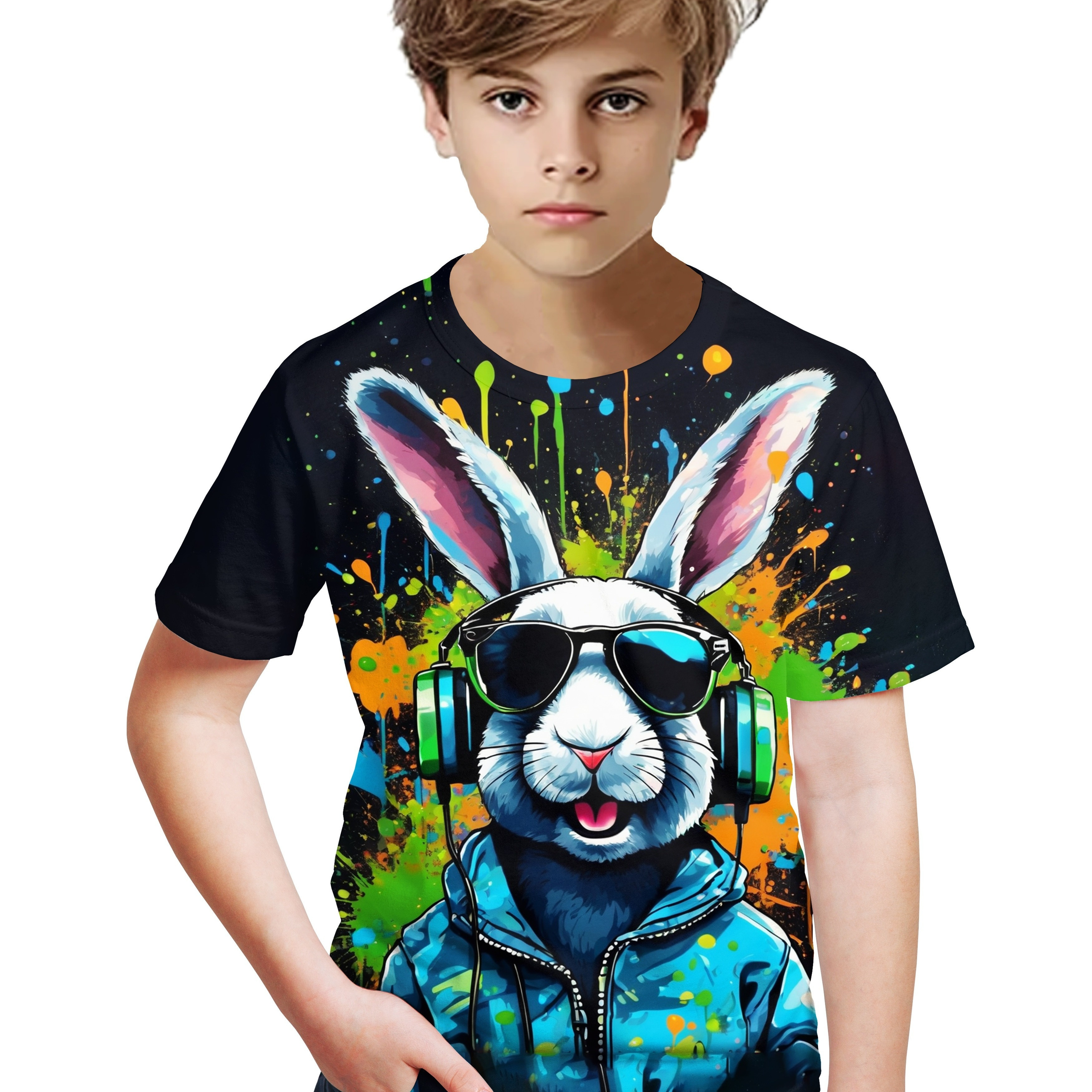 

Easter Hip Hop Bunny 3d Print Boy's T-shirt, Casual Short Sleeve Trendy Comfy Summer Tee Tops