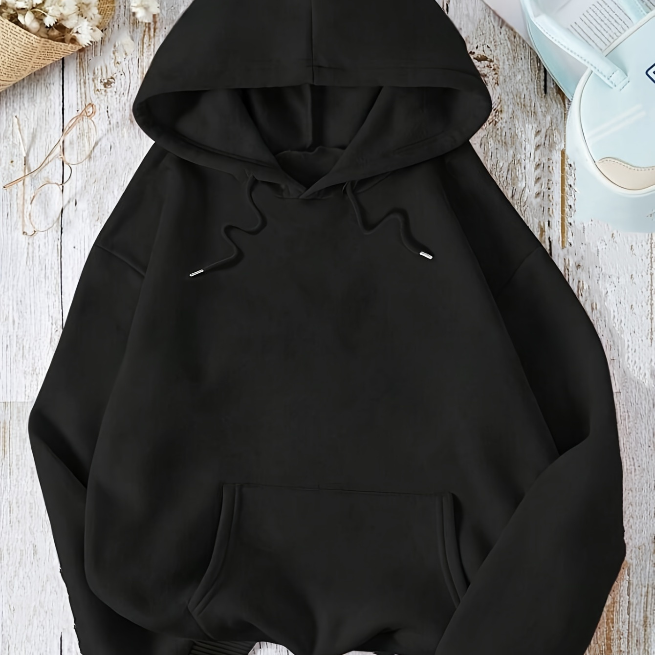 

Solid Color Kangaroo Pocket Hoodie, Casual Long Sleeve Drawstring Hooded Sweatshirt, Women's Clothing